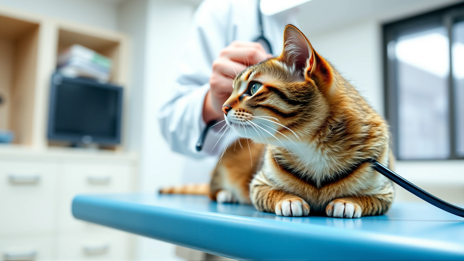 Veterinarian in white coat using stethoscope to examine an alert tabby cat on an exam table in a bright clinic.