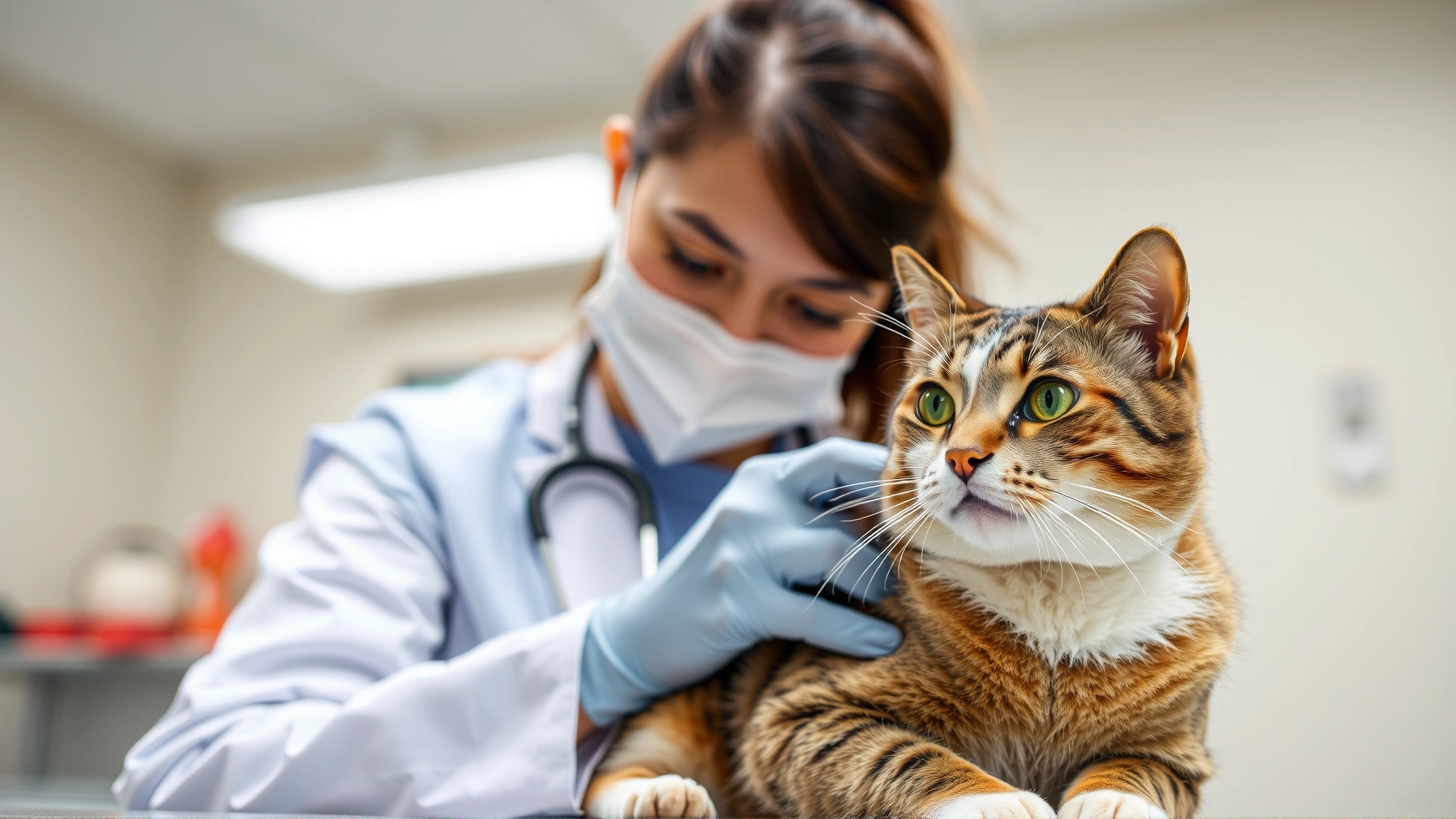 A veterinarian gently examining a middle-aged domestic cat on an exam table, clinic background slightly blurred