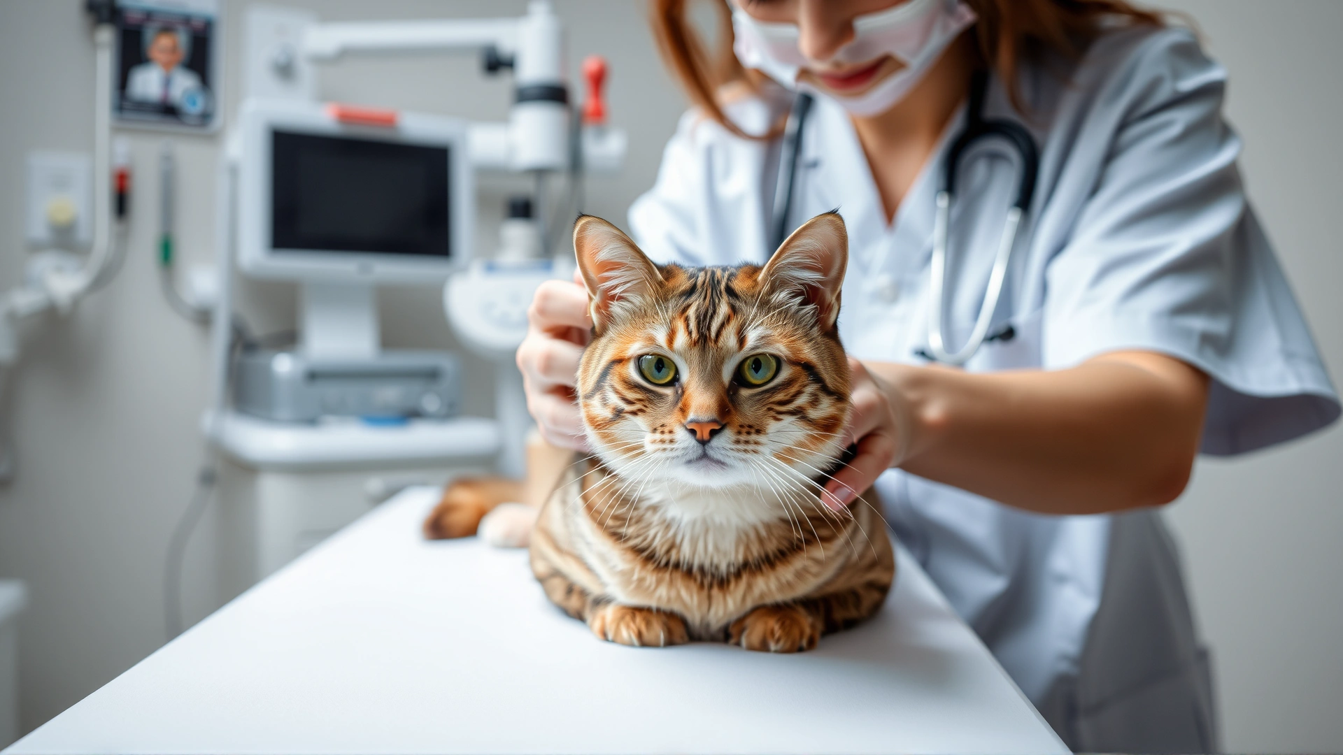 Veterinarian gently examining a calm cat on an examination table, medical equipment in background, clinic setting