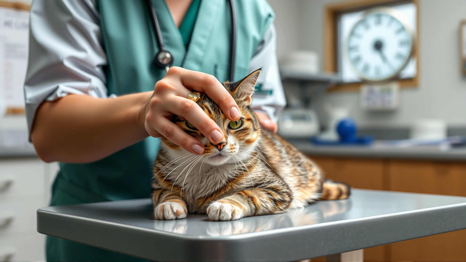 Veterinarian gently examining a cat on a clinic table, focus on compassionate care