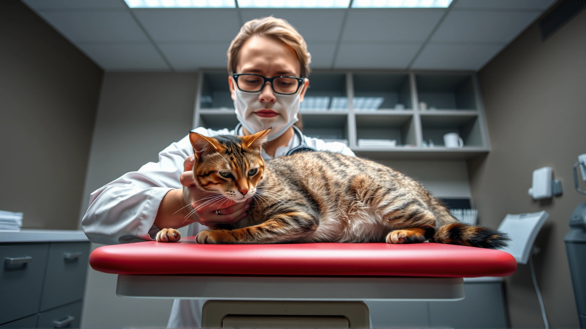Veterinarian gently examining a sick cat on an exam table in a modern clinic, professional lighting.