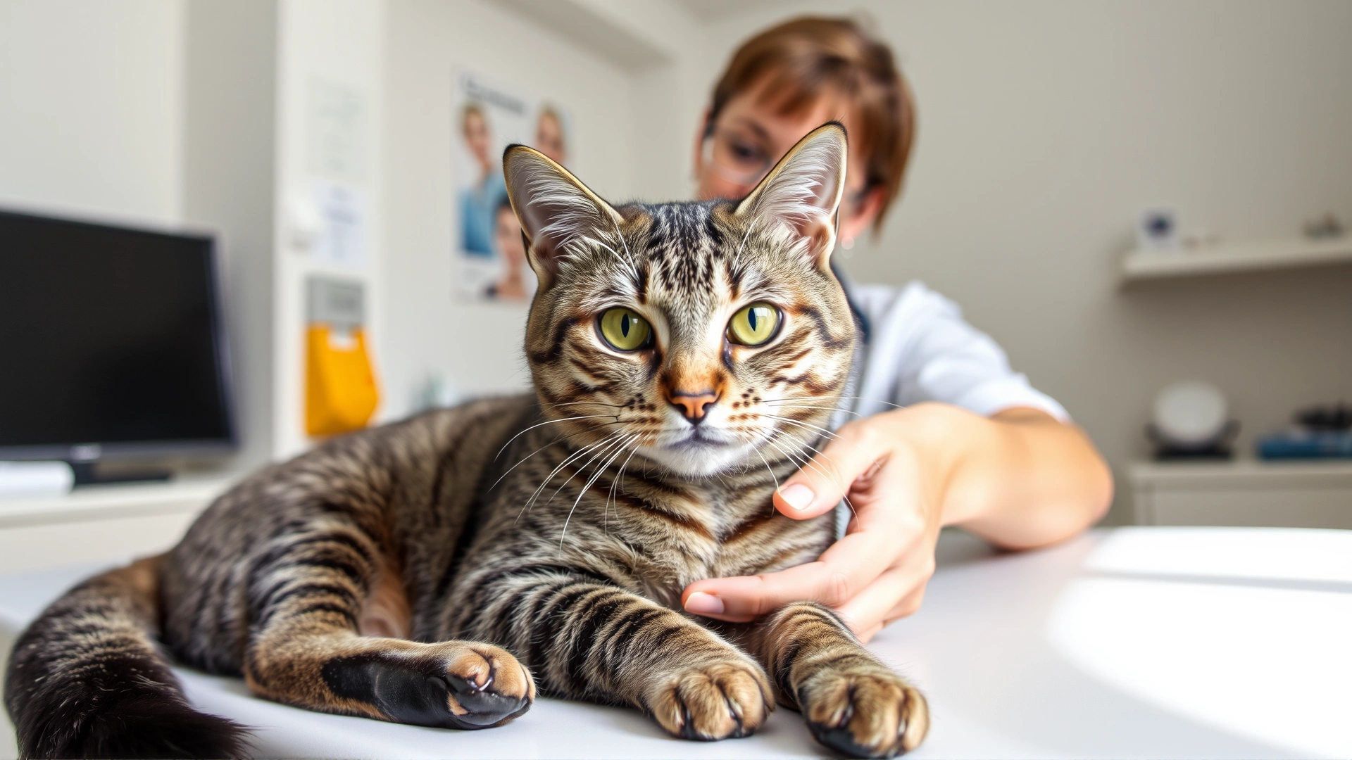 A veterinarian gently examining a gray tabby cat on an exam table in a bright clinic, no text visible.