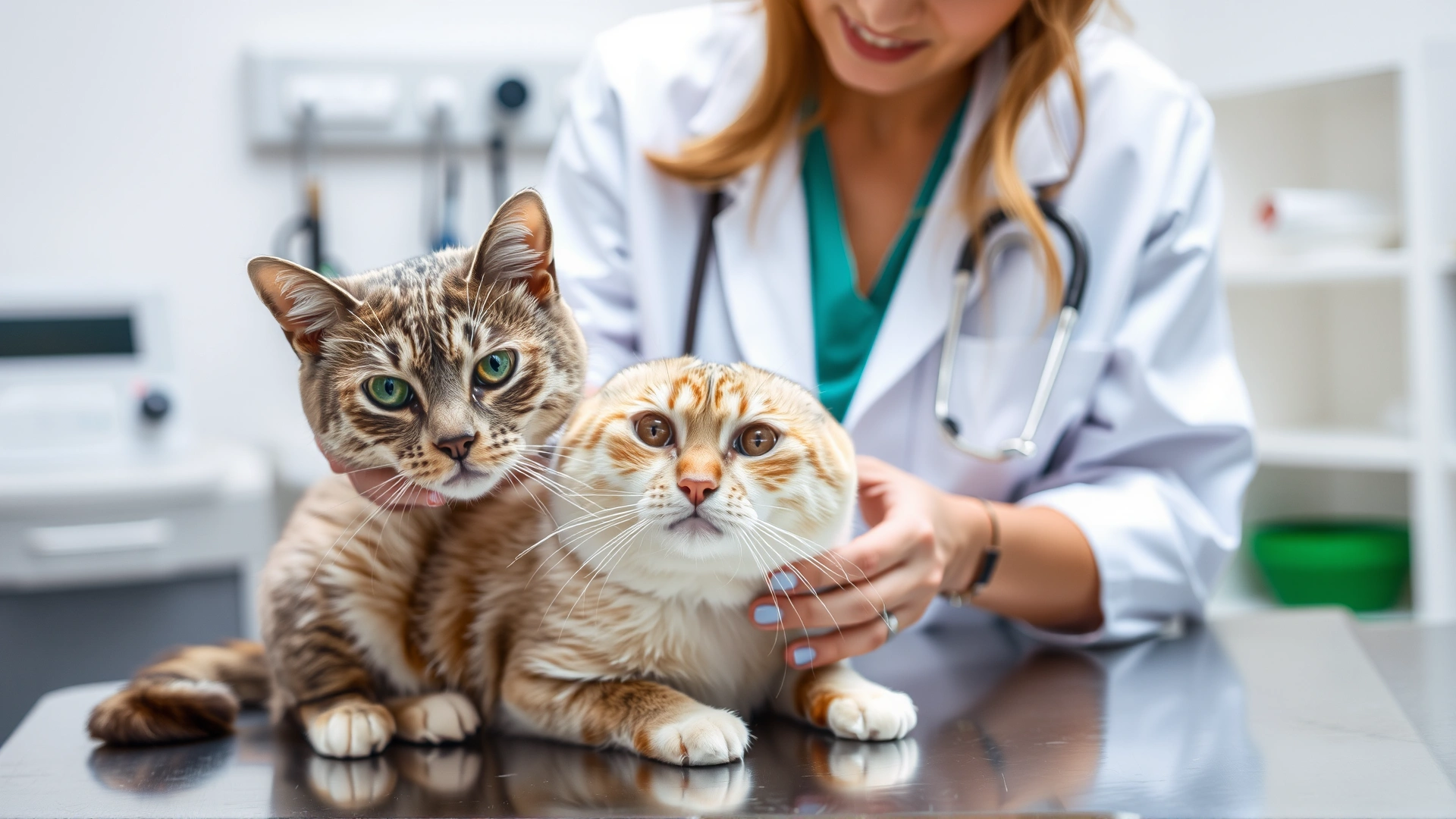 Veterinarian gently examining a healthy adult female cat on a clinic table, medical equipment blurred in background.