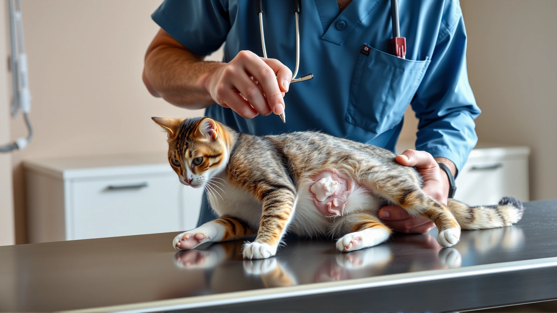 A veterinarian in scrubs examining a male cat’s abdomen and scrotal area on a stainless-steel exam table, clinic background, natural lighting