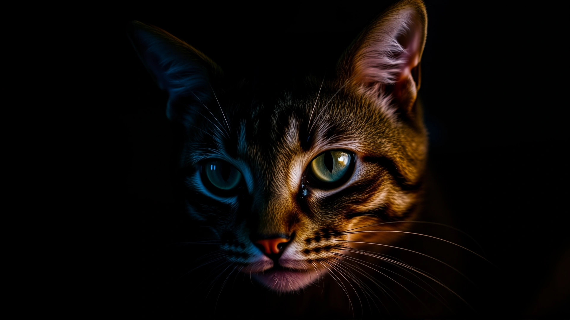 Tabby cat staring intently in dim light with eyes glowing, demonstrating sharp night vision, dark and moody setting.