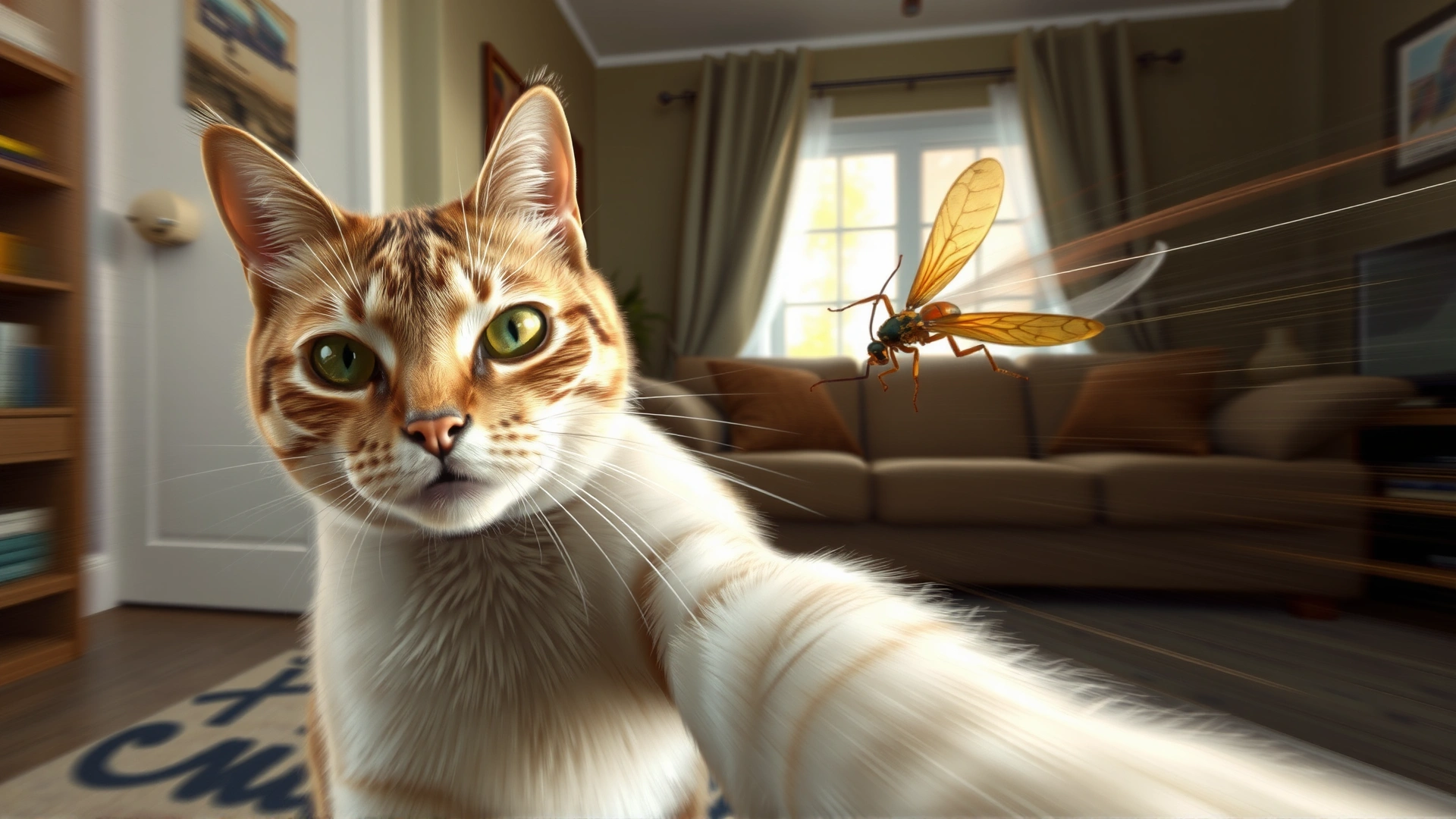 Digital illustration showing how a cat perceives a fast-moving insect against a living-room backdrop, emphasizing motion blur from the cat’s perspective.