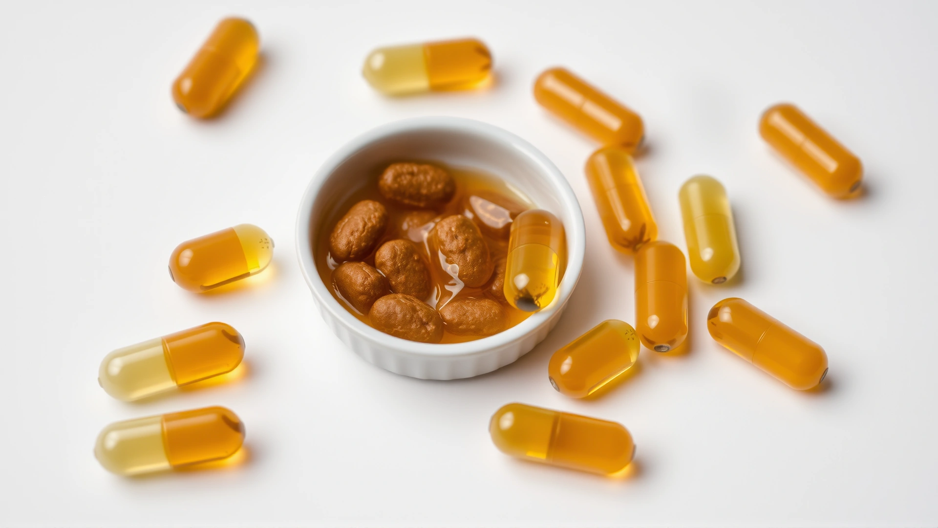 Macro shot of pet-safe vitamin E gel capsules arranged next to a small dish of wet cat food on a white background