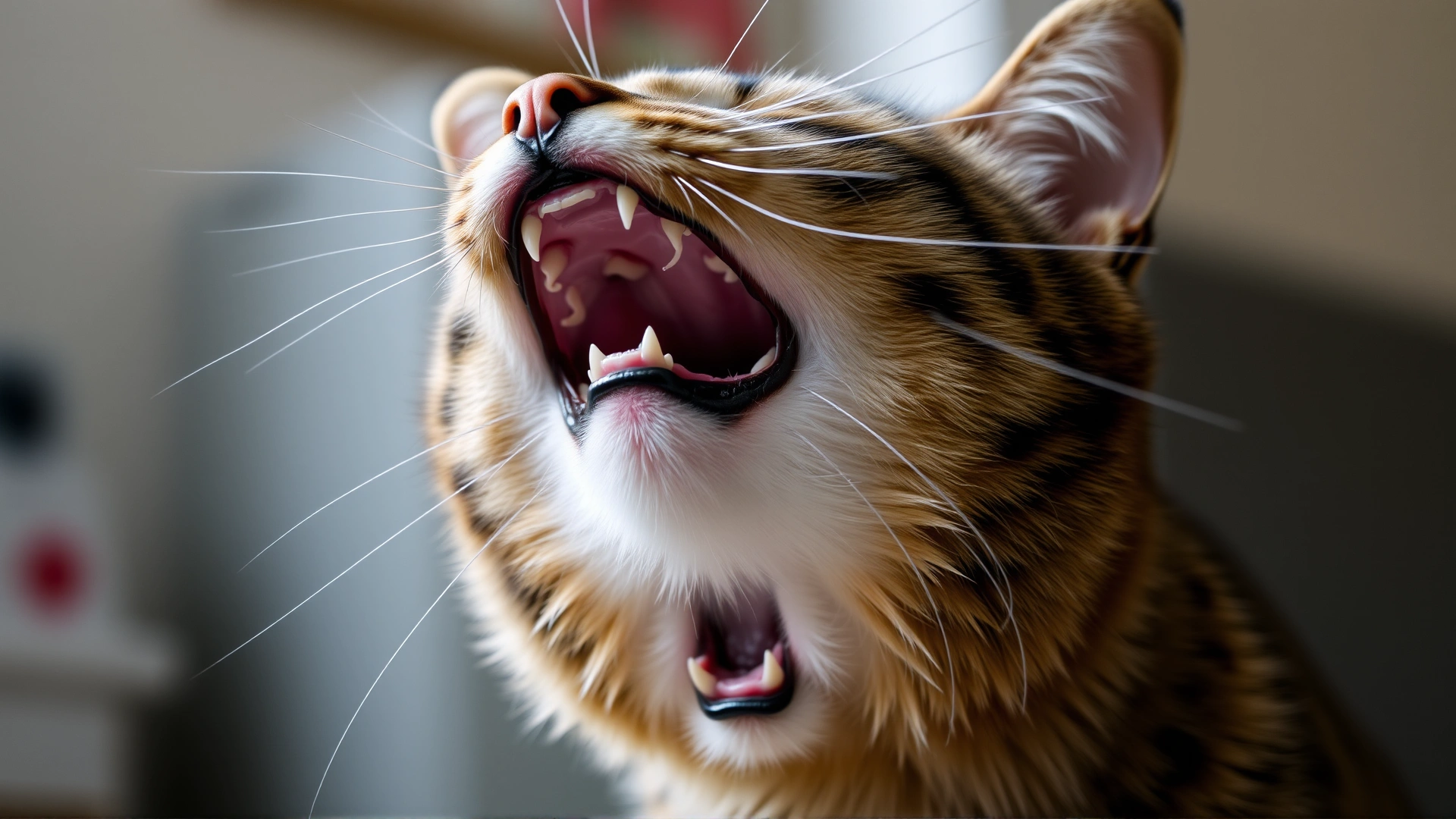 Close-up of a tabby cat mid-meow, mouth open, whiskers forward, indoor lighting