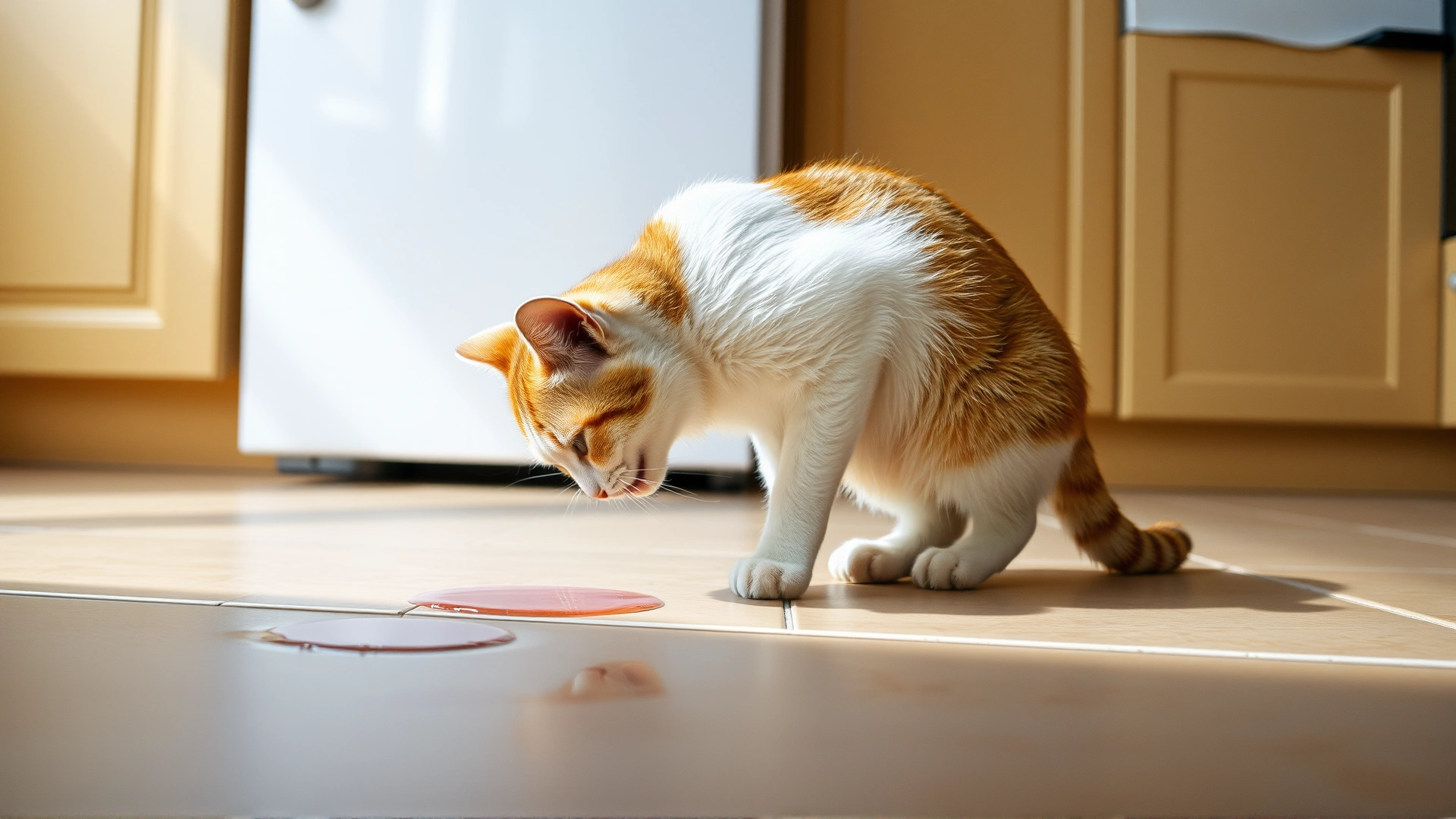 Indoor scene of a domestic cat leaning forward in a vomiting posture on a tiled kitchen floor, small puddle visible, natural daylight