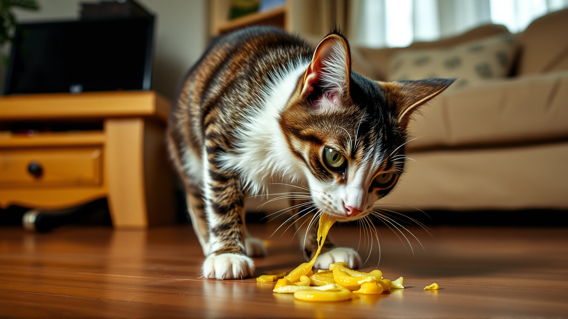 Indoor scene of a cat leaning forward about to vomit yellowish bile on the floor, subtle details, no graphic gore, living-room background