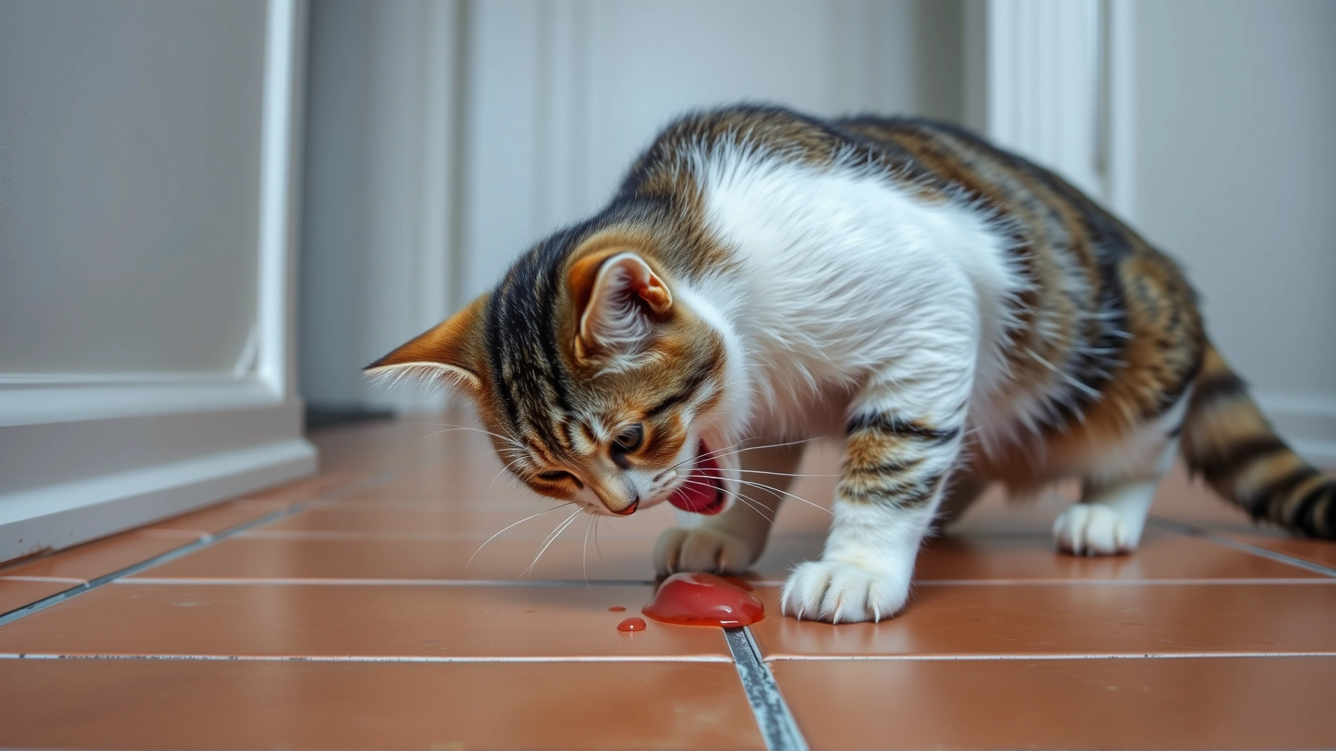 Action shot of a cat about to vomit on a tiled floor, emphasizing the clinical sign of reflux. Neutral indoor lighting.