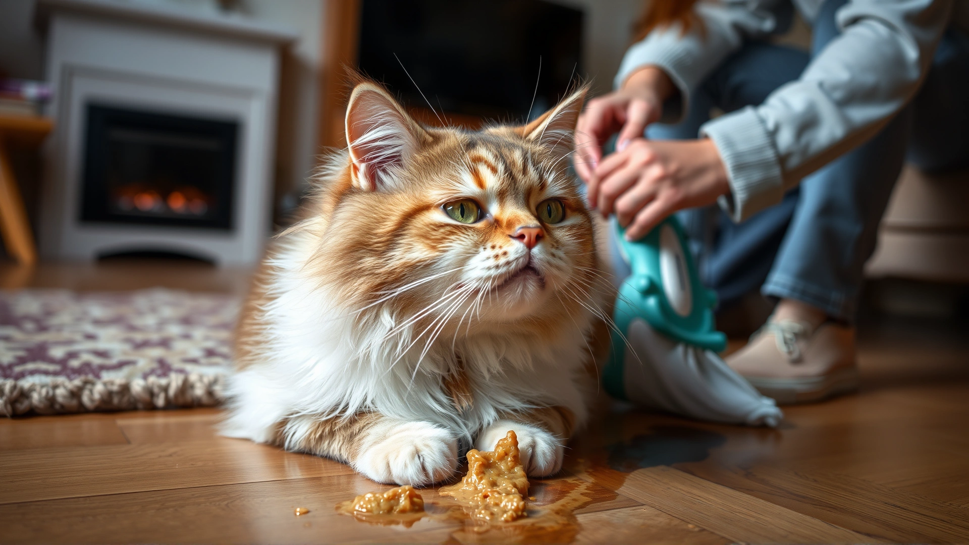 Domestic cat in a living room mid-vomit on the floor, owner wiping the mess with concern, realistic detail