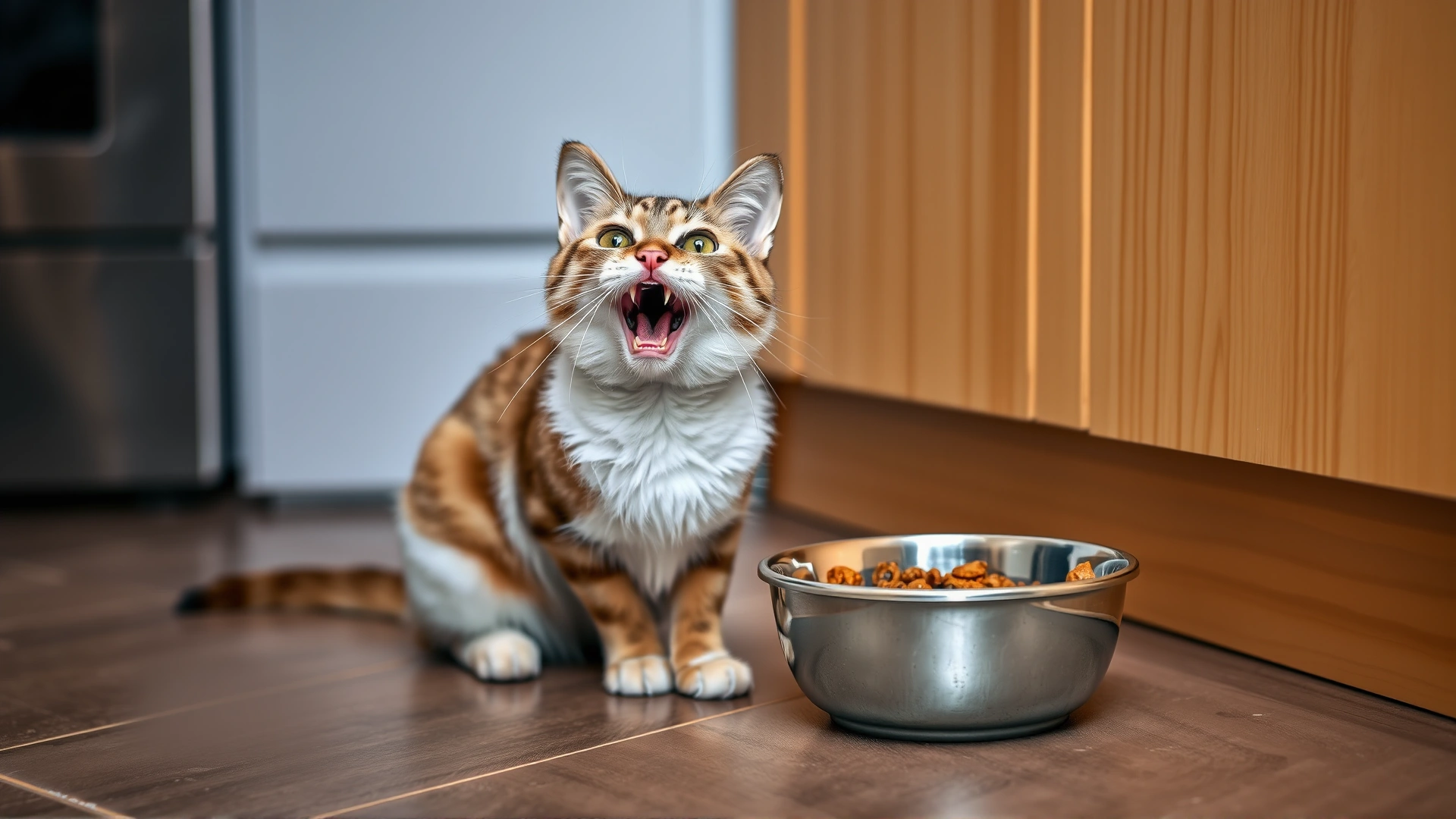 Hungry cat sitting next to an empty food bowl on a kitchen floor, looking up and meowing, no text.
