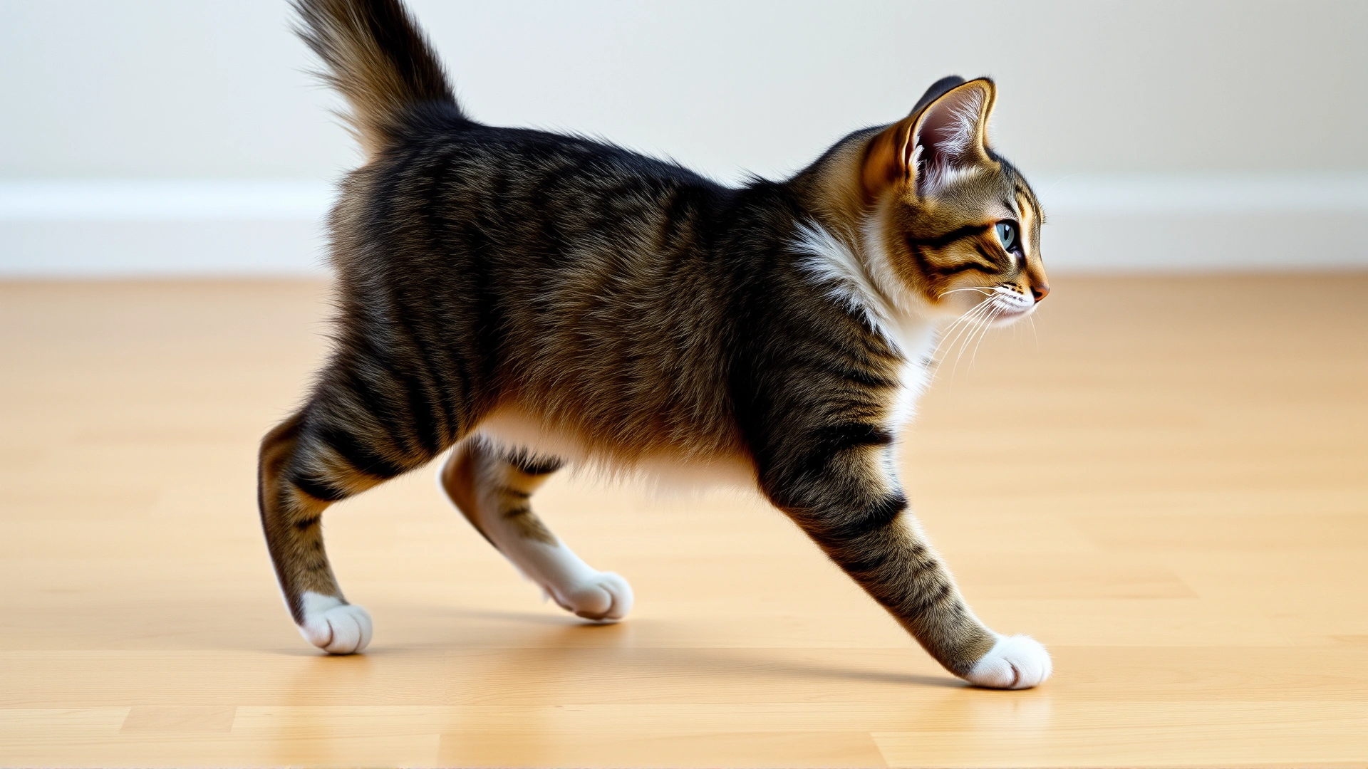 Close-up side view of a cat mid-stride showing a high goose-step gait on a wooden floor, neutral background, high resolution, no text.