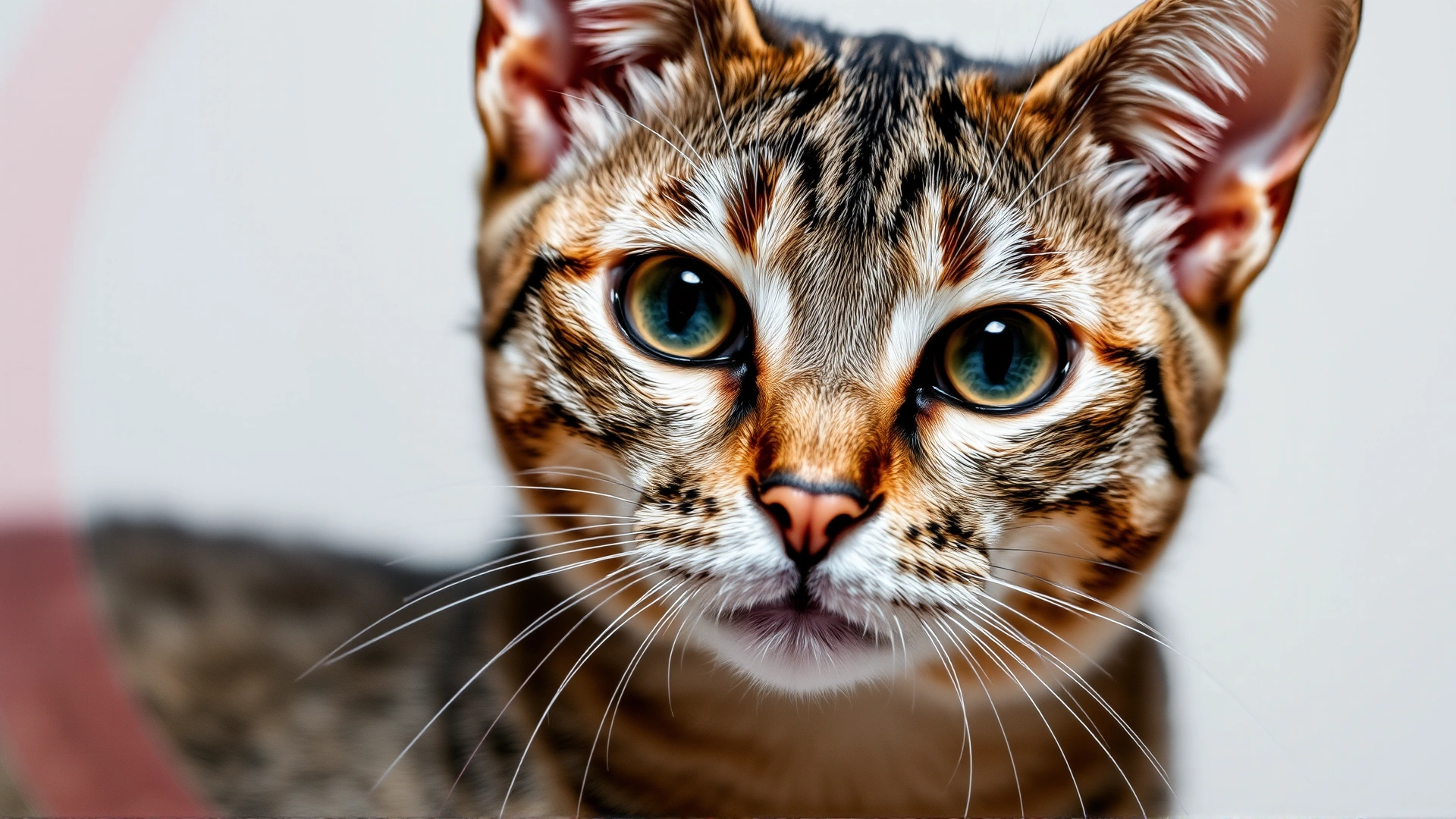 Close-up portrait of a curious cat staring intently, subtle red