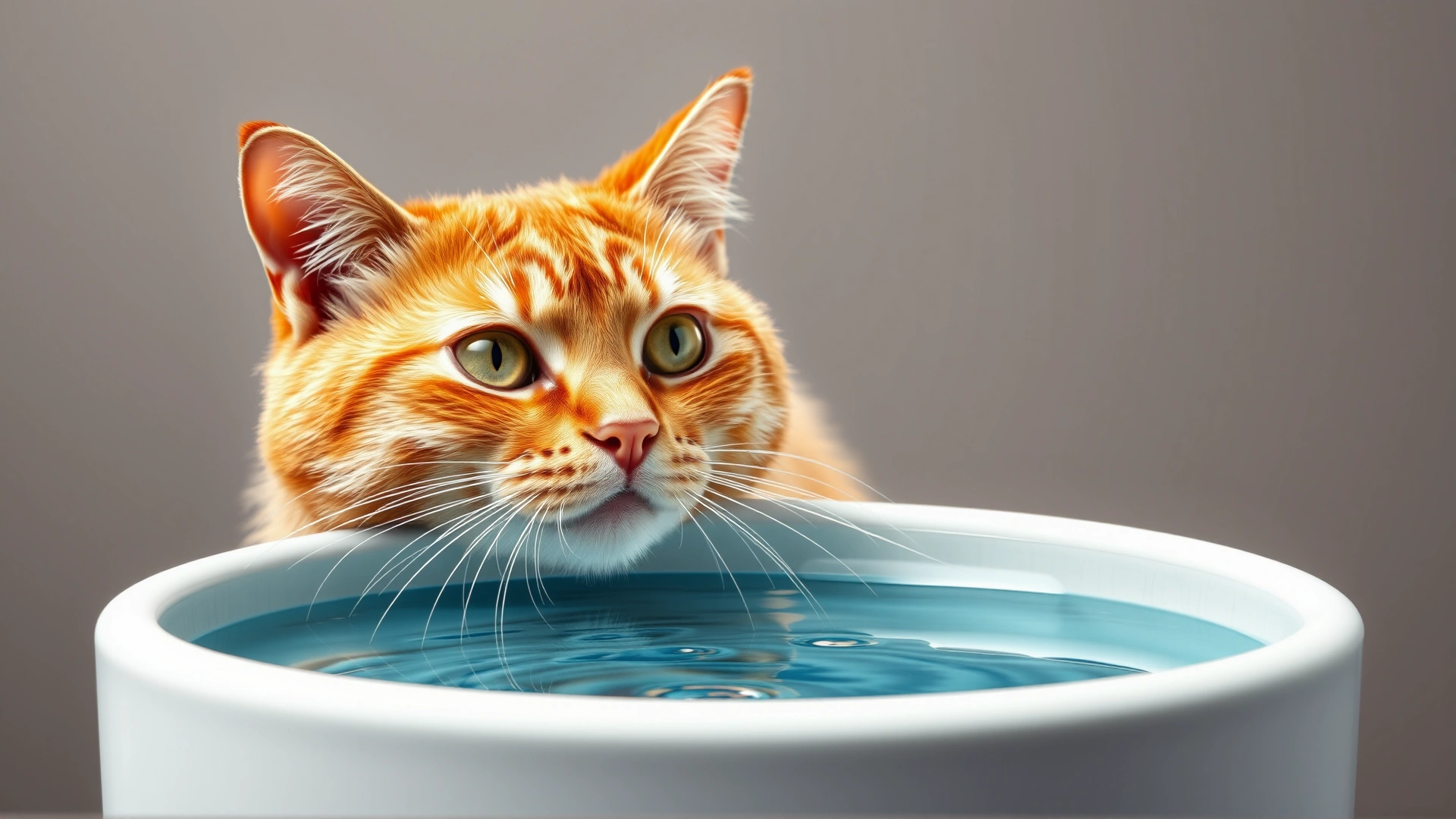 Orange domestic cat staring at an oversized water bowl filled to the brim, symbolizing excessive thirst