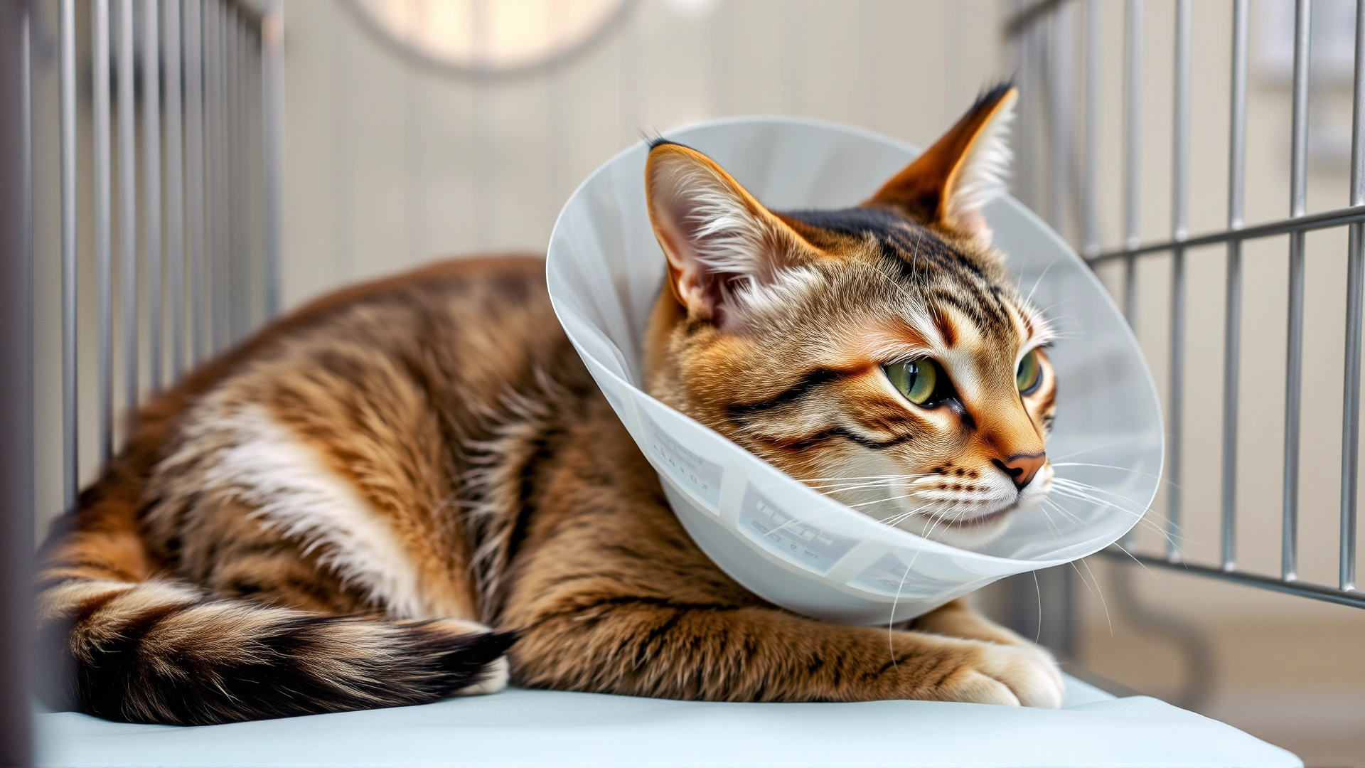 Cat wearing a protective Elizabethan collar after tail surgery, resting comfortably in a clinic cage.