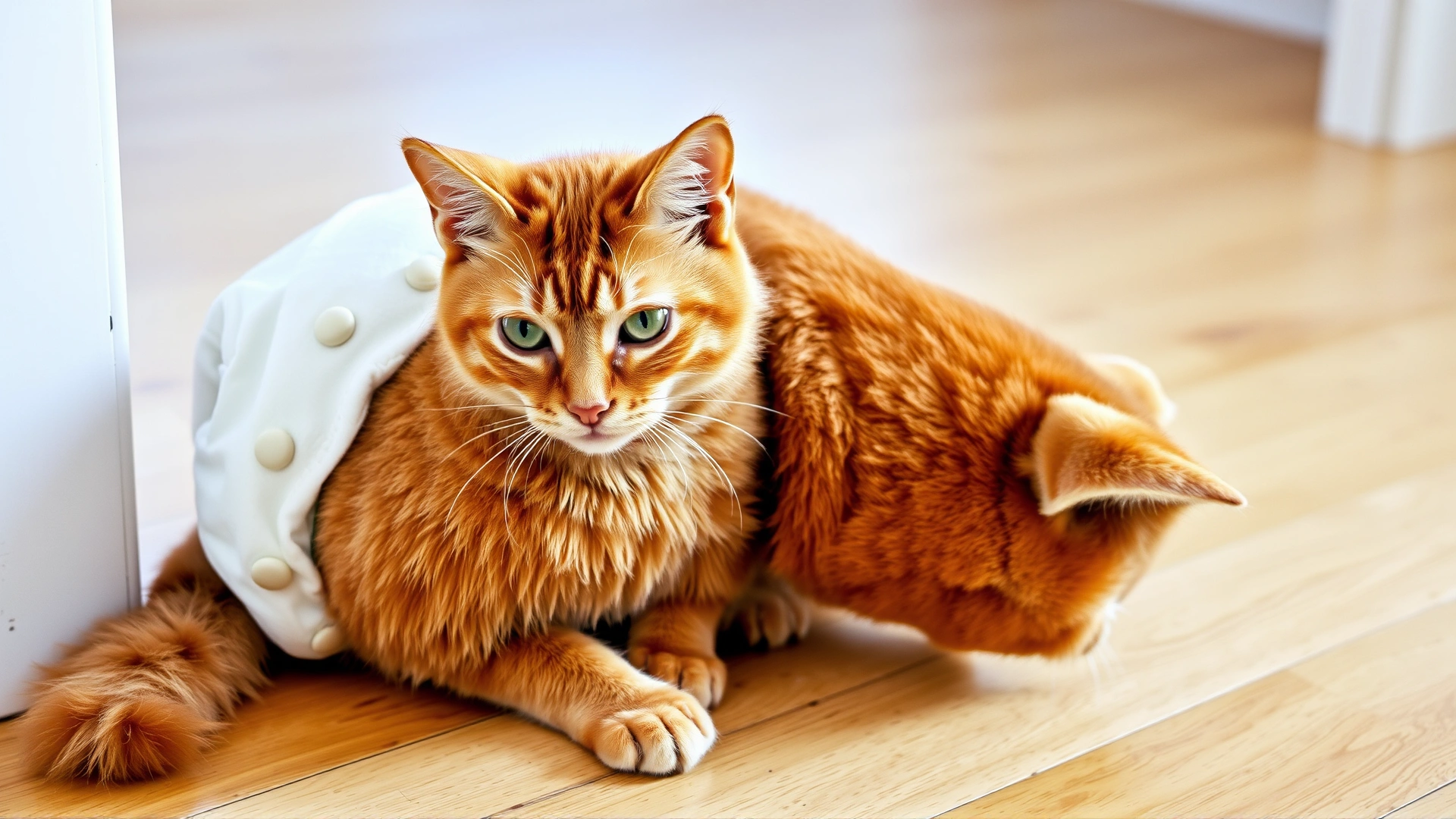 A ginger domestic cat wearing a comfortable pet diaper while sitting on a wooden floor.