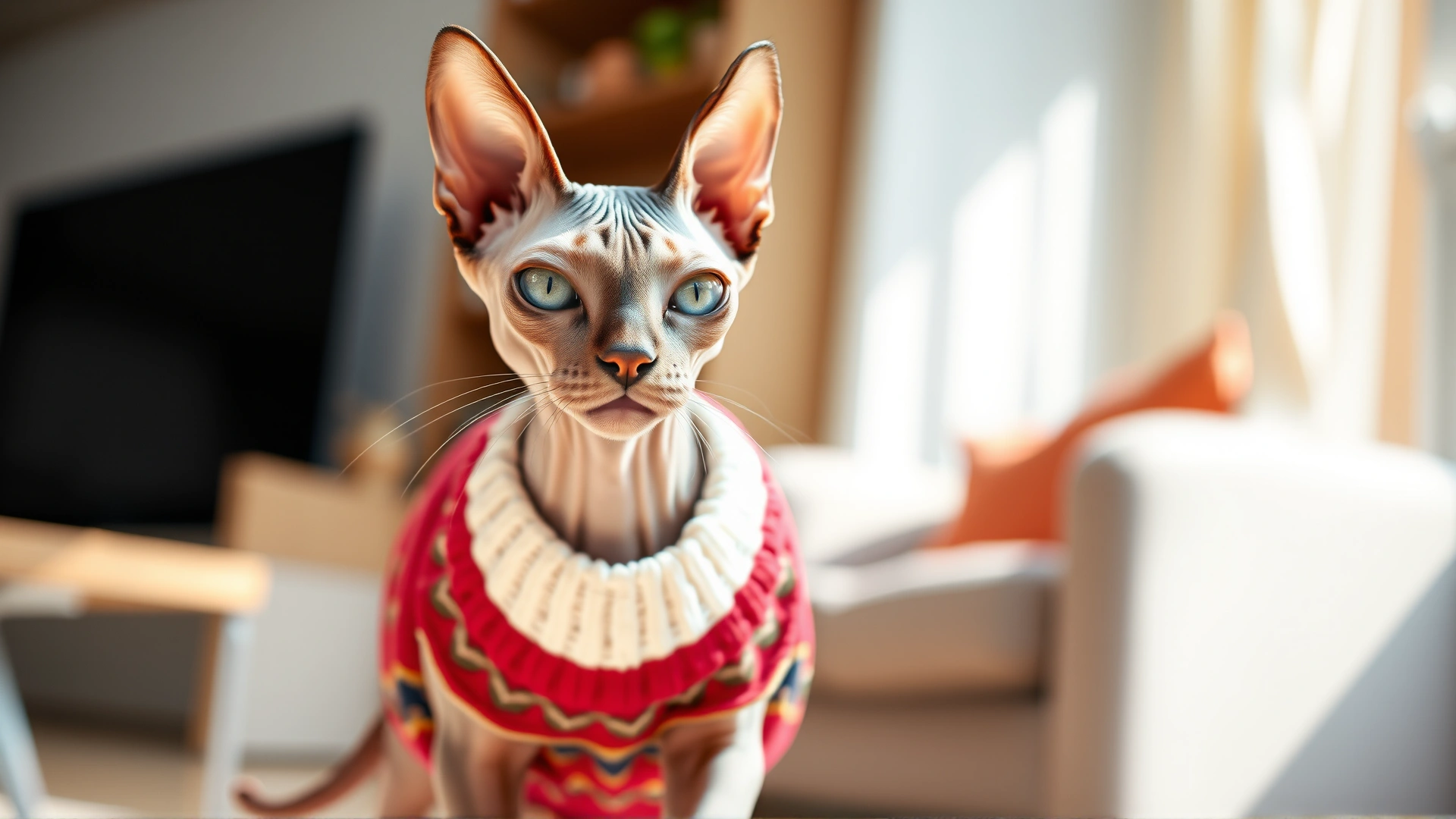 Close-up of a Sphynx cat walking confidently while wearing a colorful cotton sweater inside a modern apartment; bright natural light