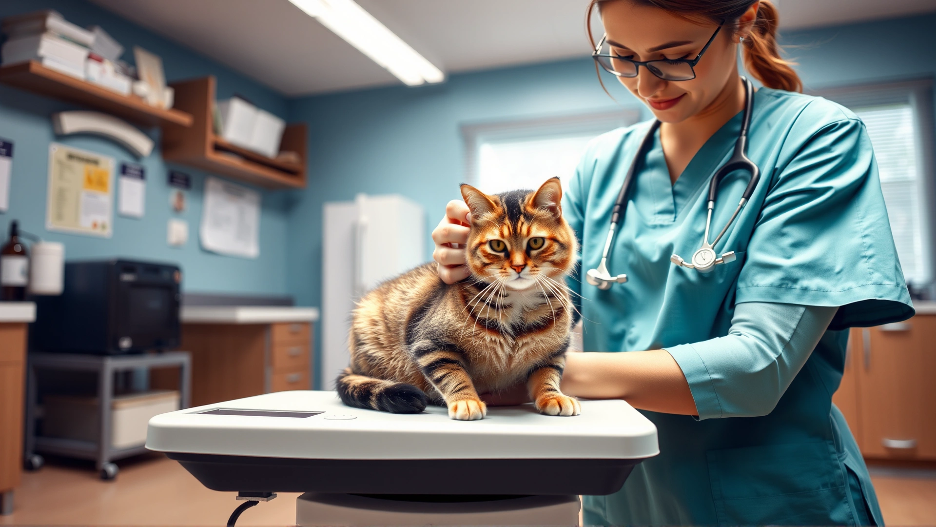 Veterinarian gently placing a tabby cat on a digital scale in a well-lit clinic room, friendly atmosphere