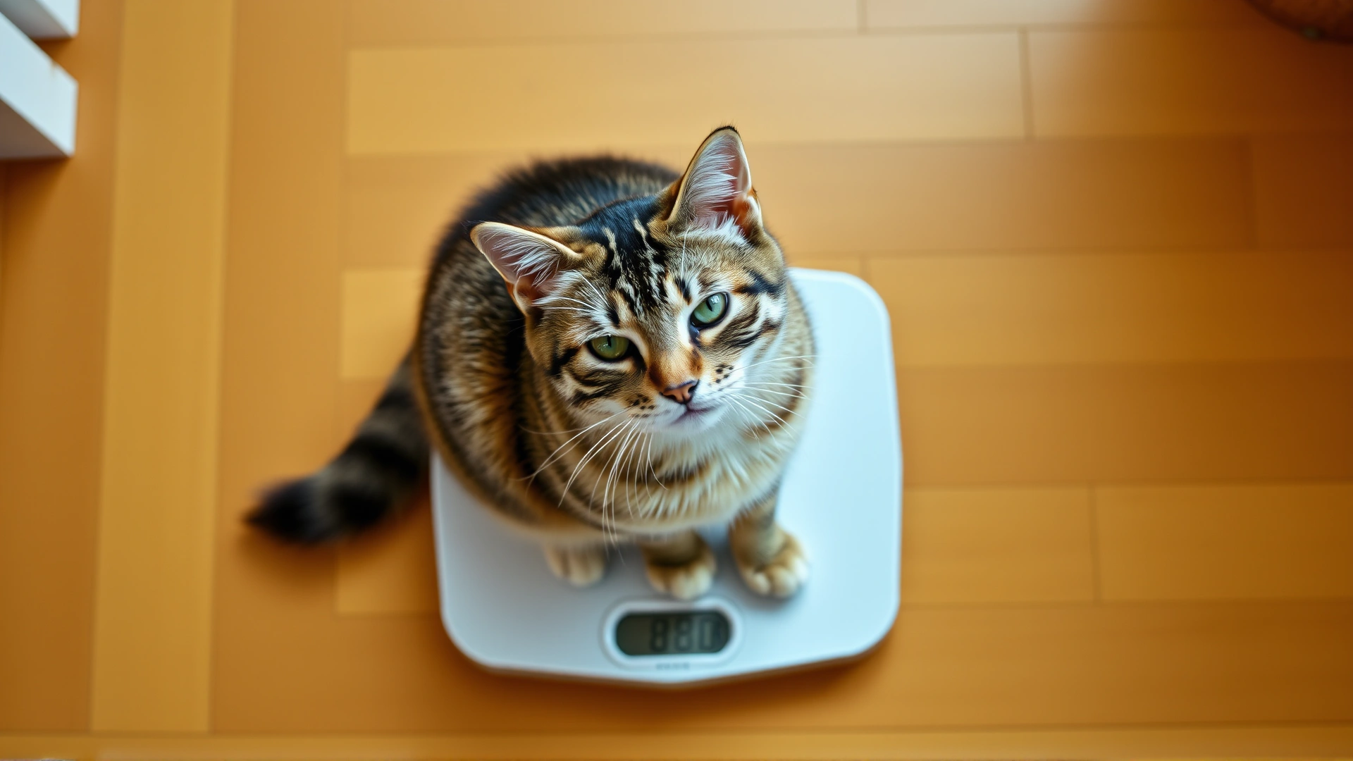 Overhead shot of a domestic shorthaired cat sitting calmly on a flat pet scale at home, hardwood floor background.