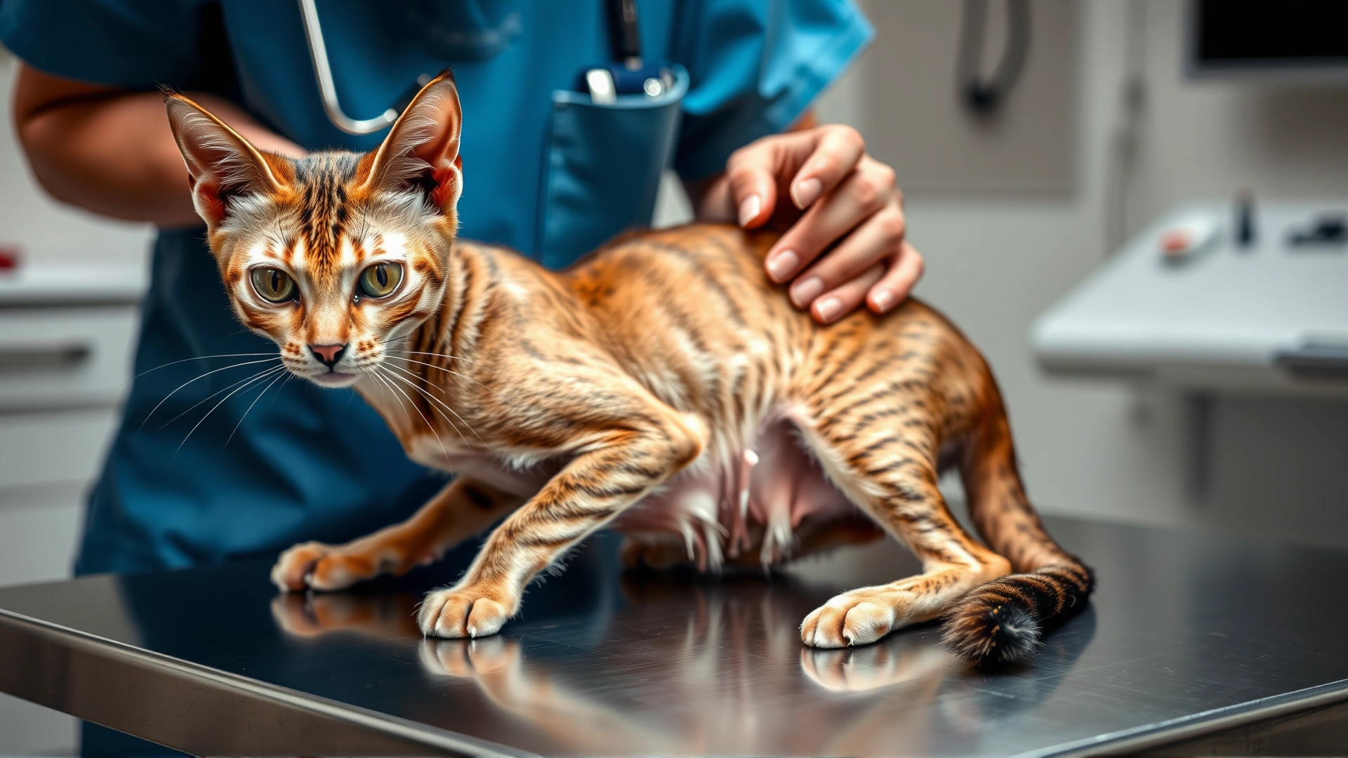 Senior skinny cat being gently examined by a veterinarian on an exam table, focus on the cat’s lean body condition.