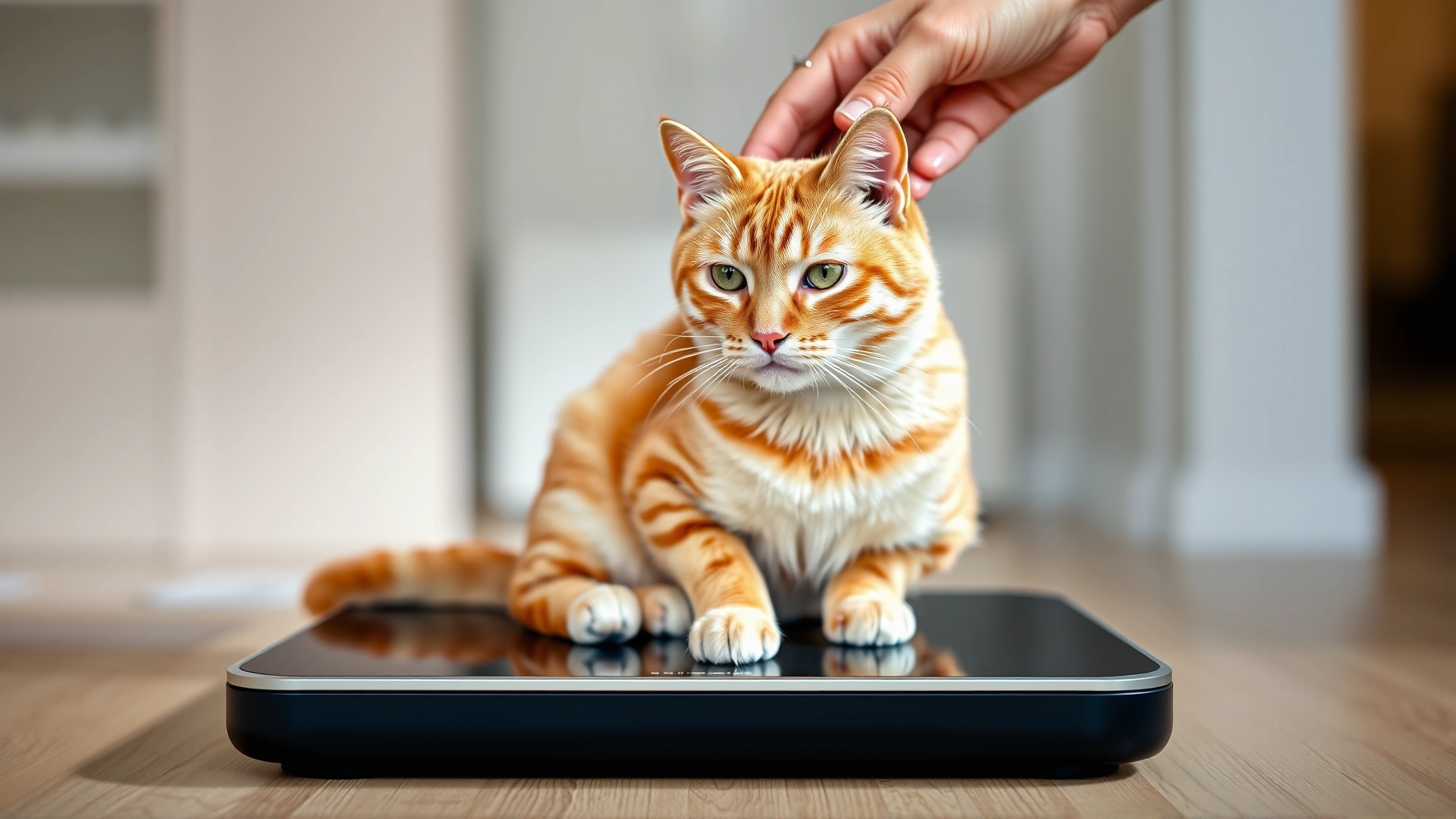 Calm ginger cat sitting on a modern digital pet scale at home, owner’s hand gently steadying the cat, soft natural lighting.