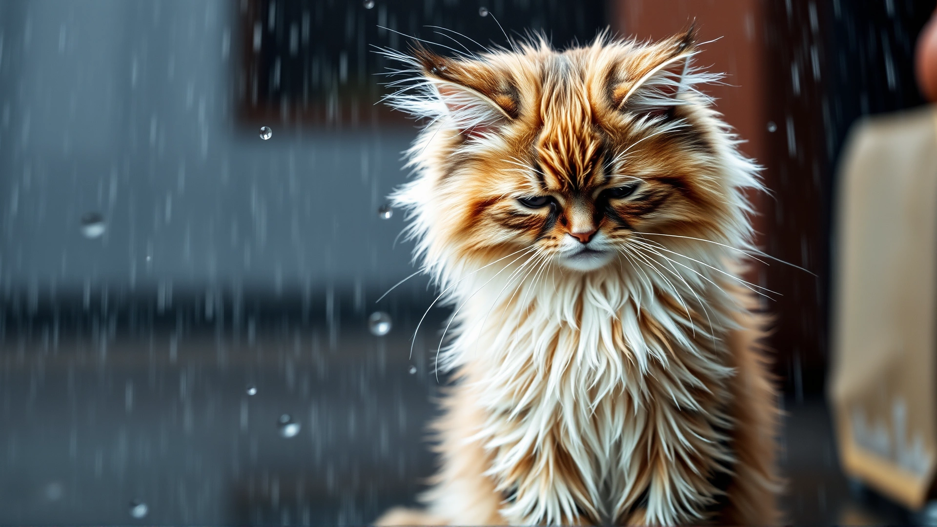 A fluffy long-haired cat standing wet after rain, shaking its body with droplets flying around in slow shutter speed, demonstrating discomfort with being soaked.