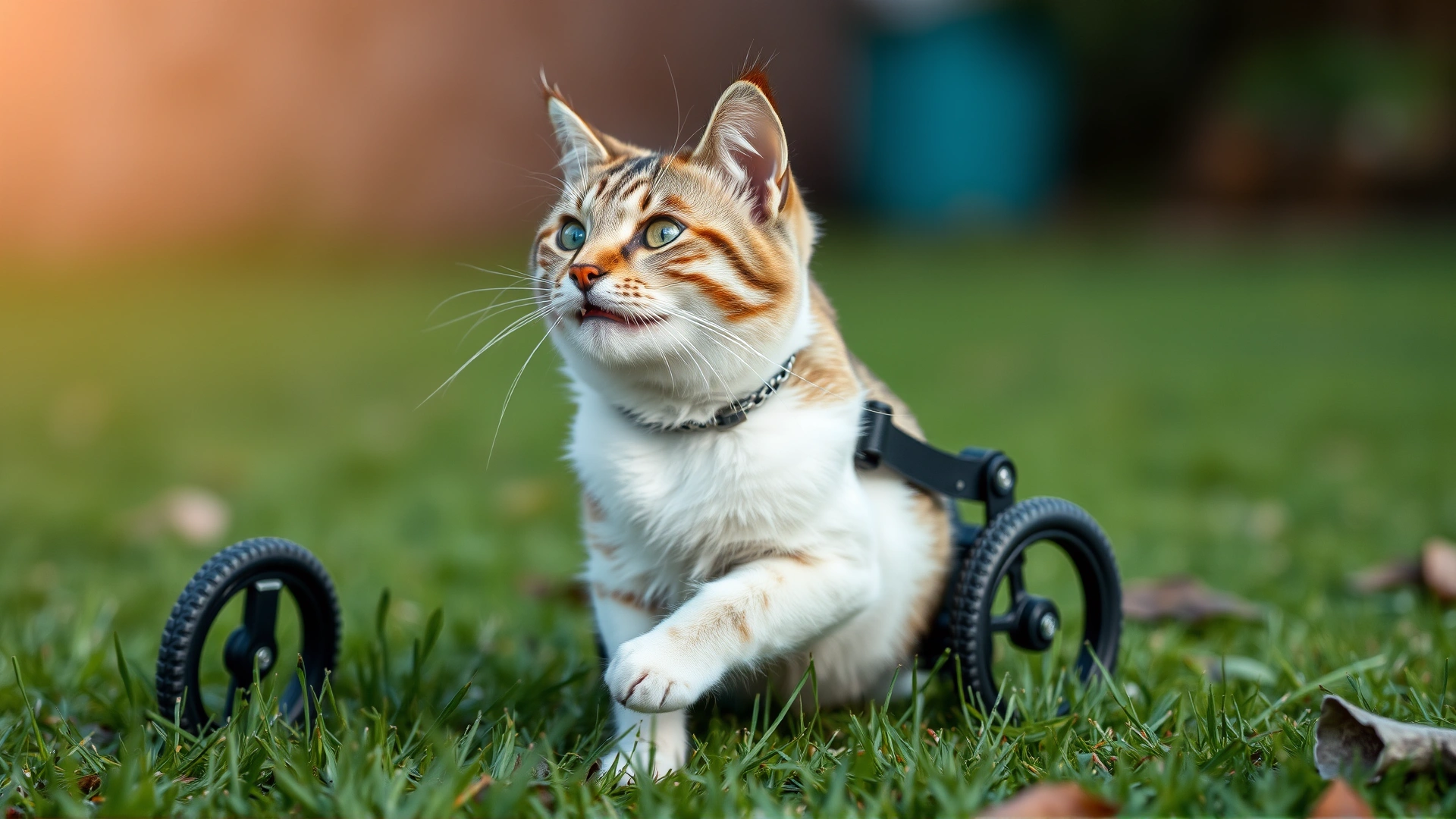 Photo of a cat using a small pet wheelchair outdoors on grass, looking content and active