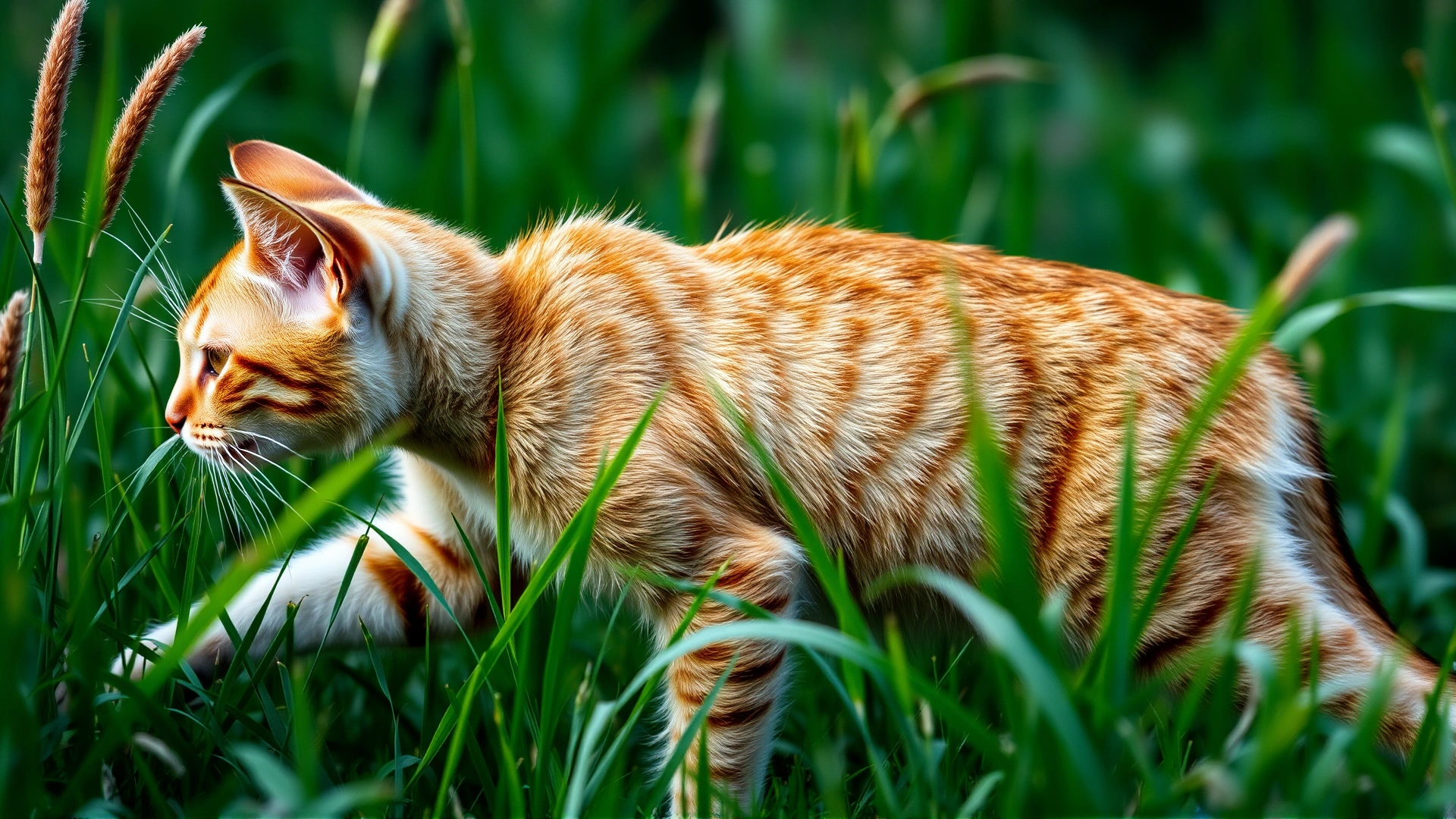 Side profile of a cat carefully moving through tall grass with whiskers fully extended forward, illustrating spatial awareness, no text