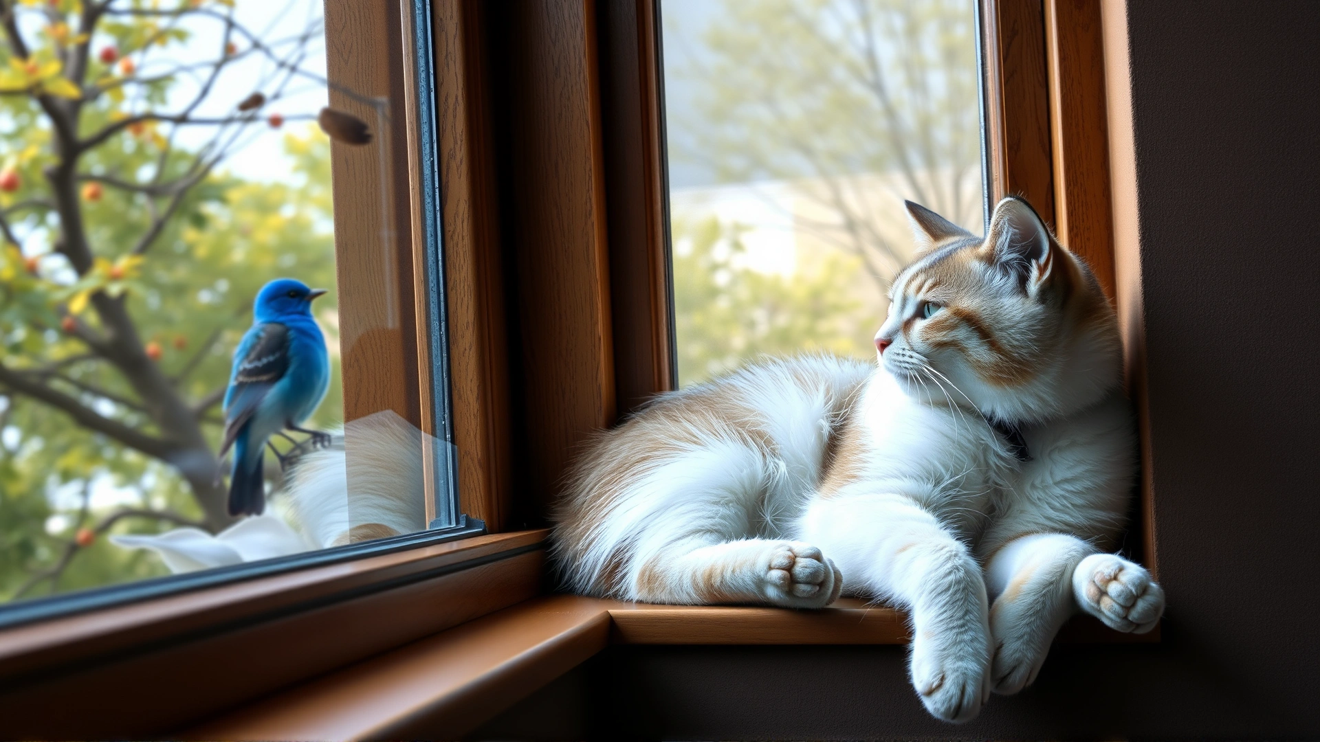 Relaxed cat lying on windowsill watching birds outside
