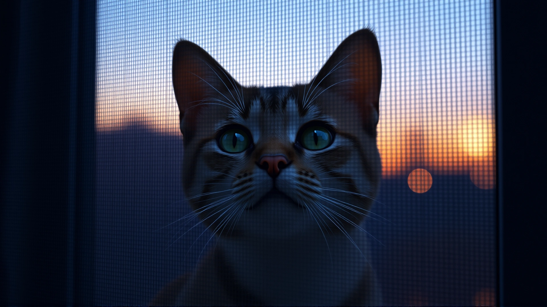 Curious indoor cat looking through a window screen at dusk, soft background, no text