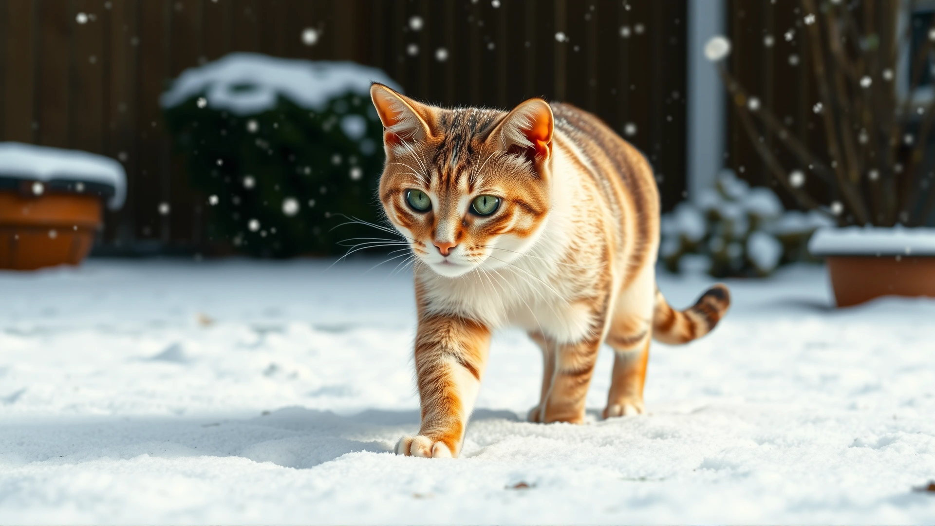 Full-body shot of a short-haired cat walking through soft snowfall in a suburban backyard, showing visible paw prints and a light dusting of snow on its fur.