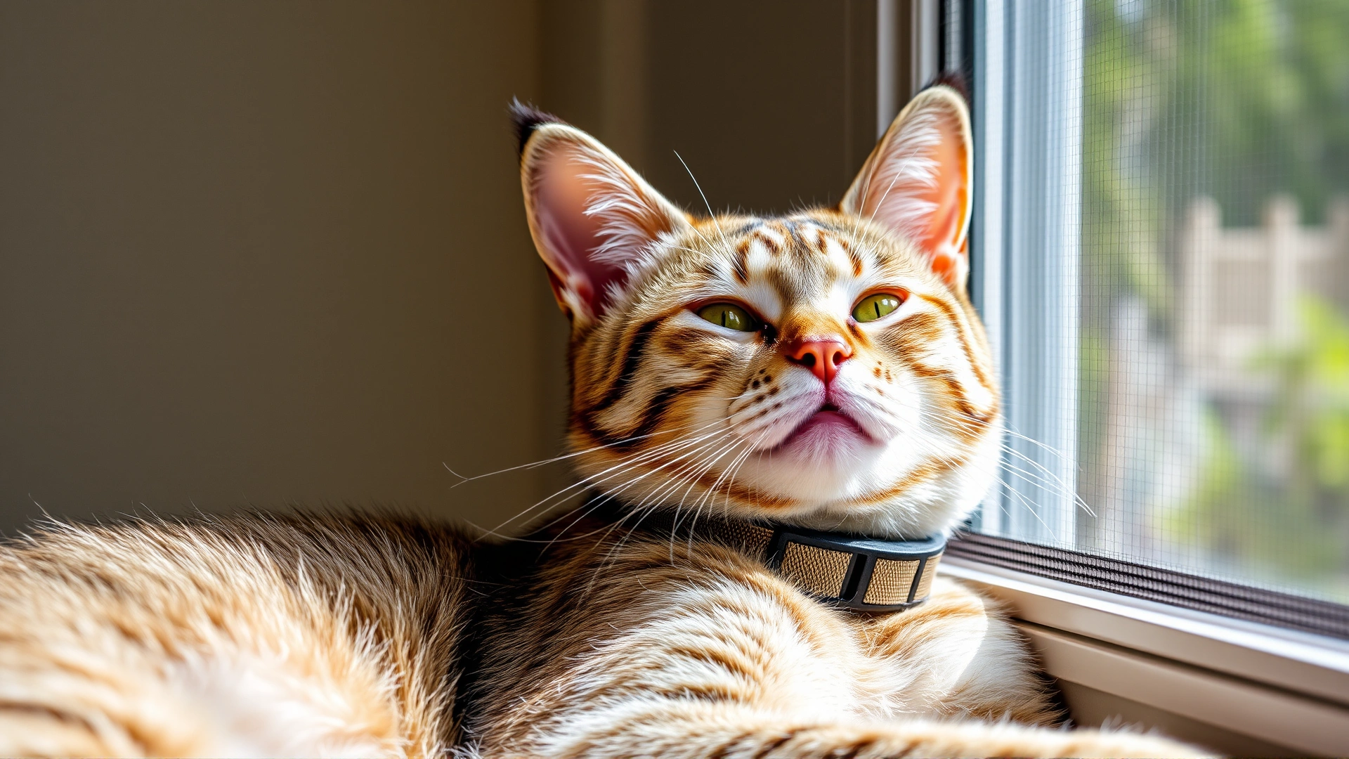 Indoor cat wearing an anti-insect collar lounging near a window with a mesh screen, soft daylight emphasizing protection from outdoor insects.