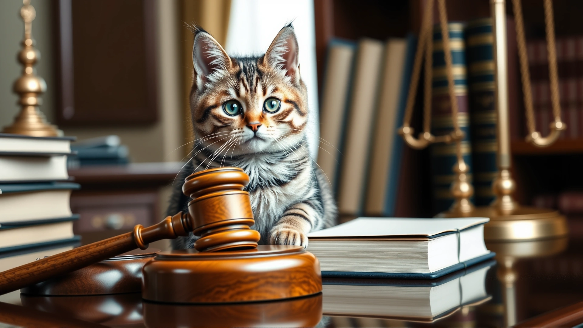 Cute tabby cat sitting next to a wooden judge's gavel and a stack of law books on a polished desk, suggesting legal regulations.