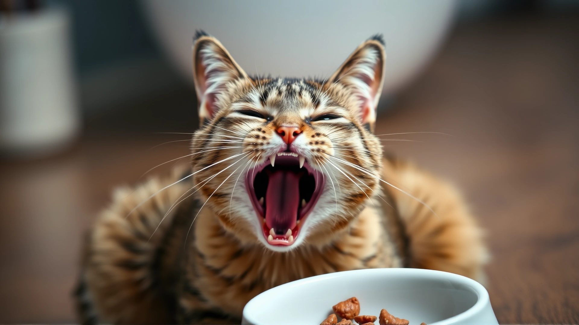Domestic short hair cat sitting beside a food bowl with its mouth half open, appearing to struggle while swallowing.