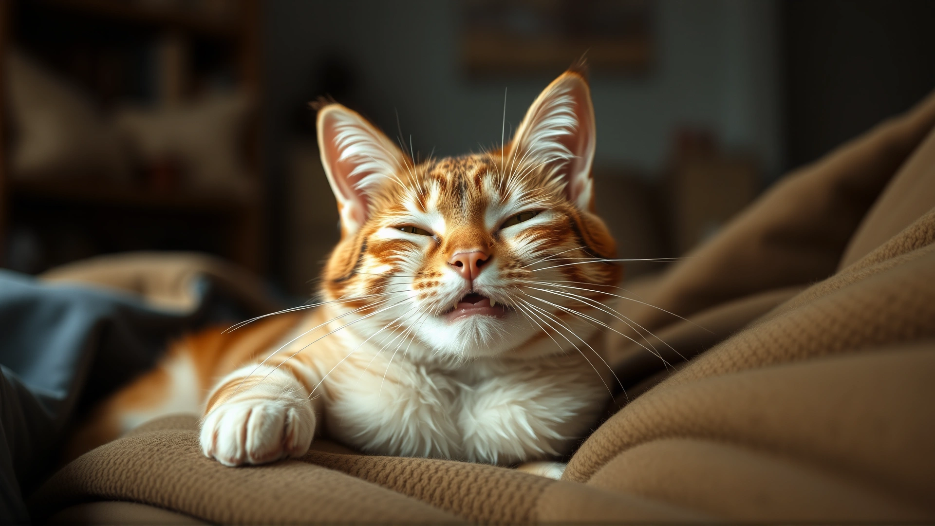 Happy cat recovering at home sitting on owner's lap, cozy living room environment