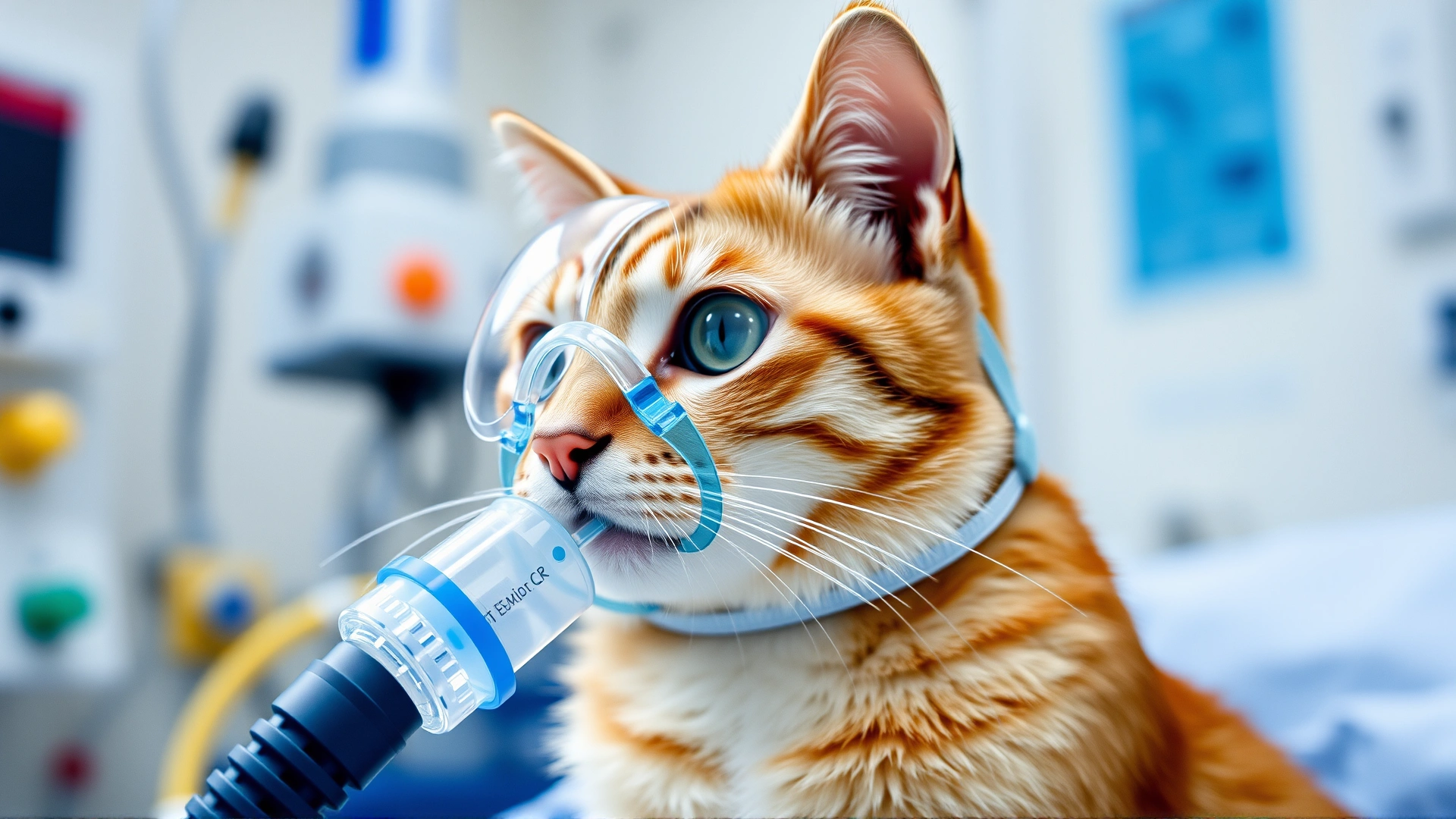 A cat in a veterinary ICU receiving oxygen therapy through a transparent mask, medical equipment visible