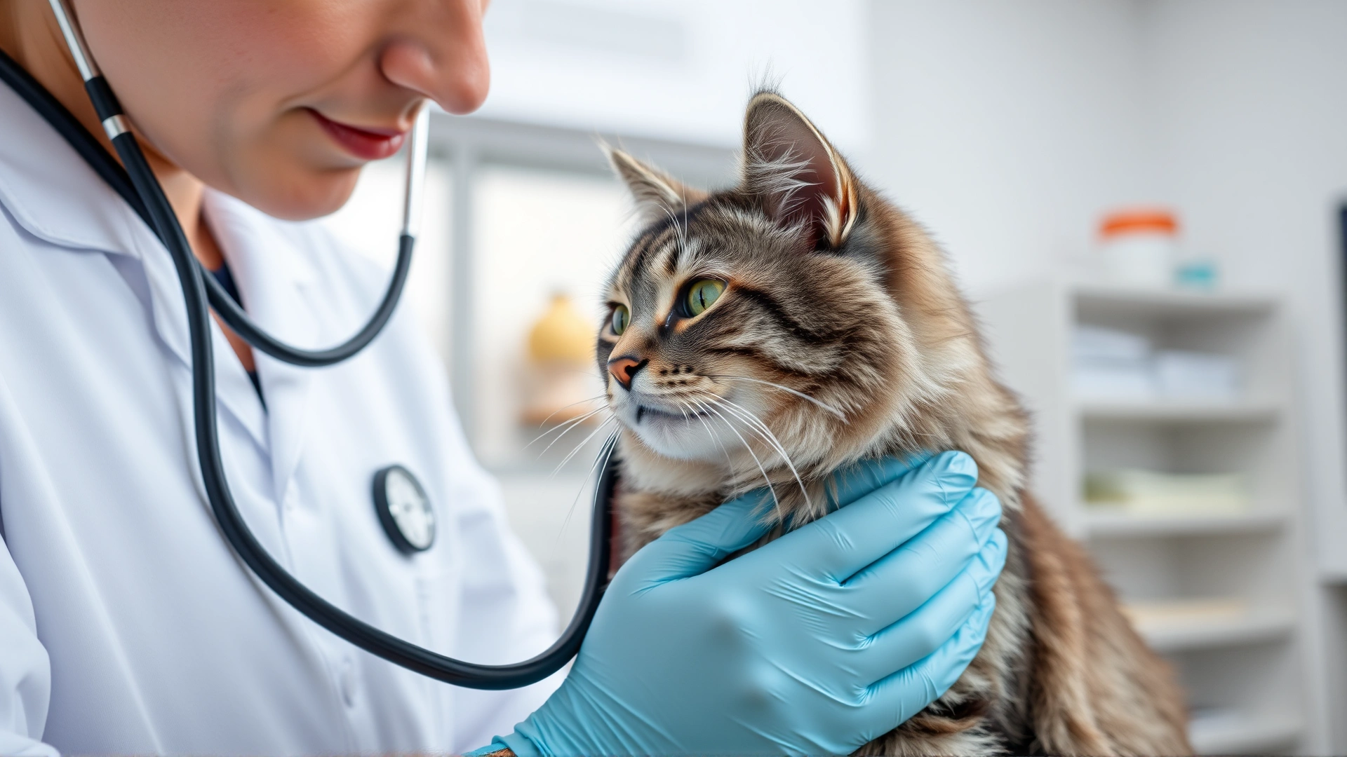 A veterinarian using a stethoscope to examine a relaxed gray tabby cat in a bright clinic room