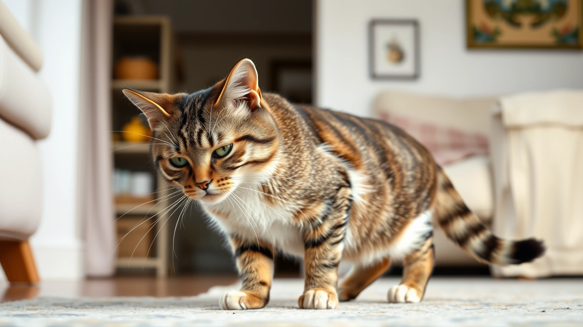 Domestic cat showing slight head tilt and unsteady stance in a home living room environment.