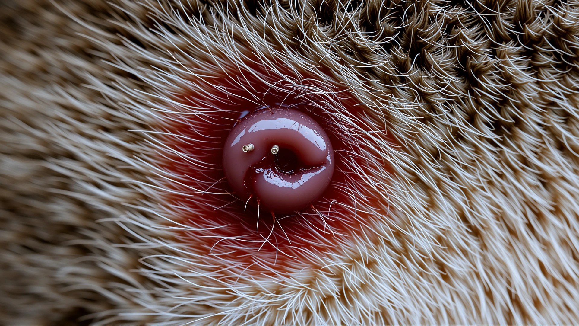 Macro shot of a cat's skin showing a small puncture wound with slight swelling, before it turns into a full abscess. Neutral veterinary background.