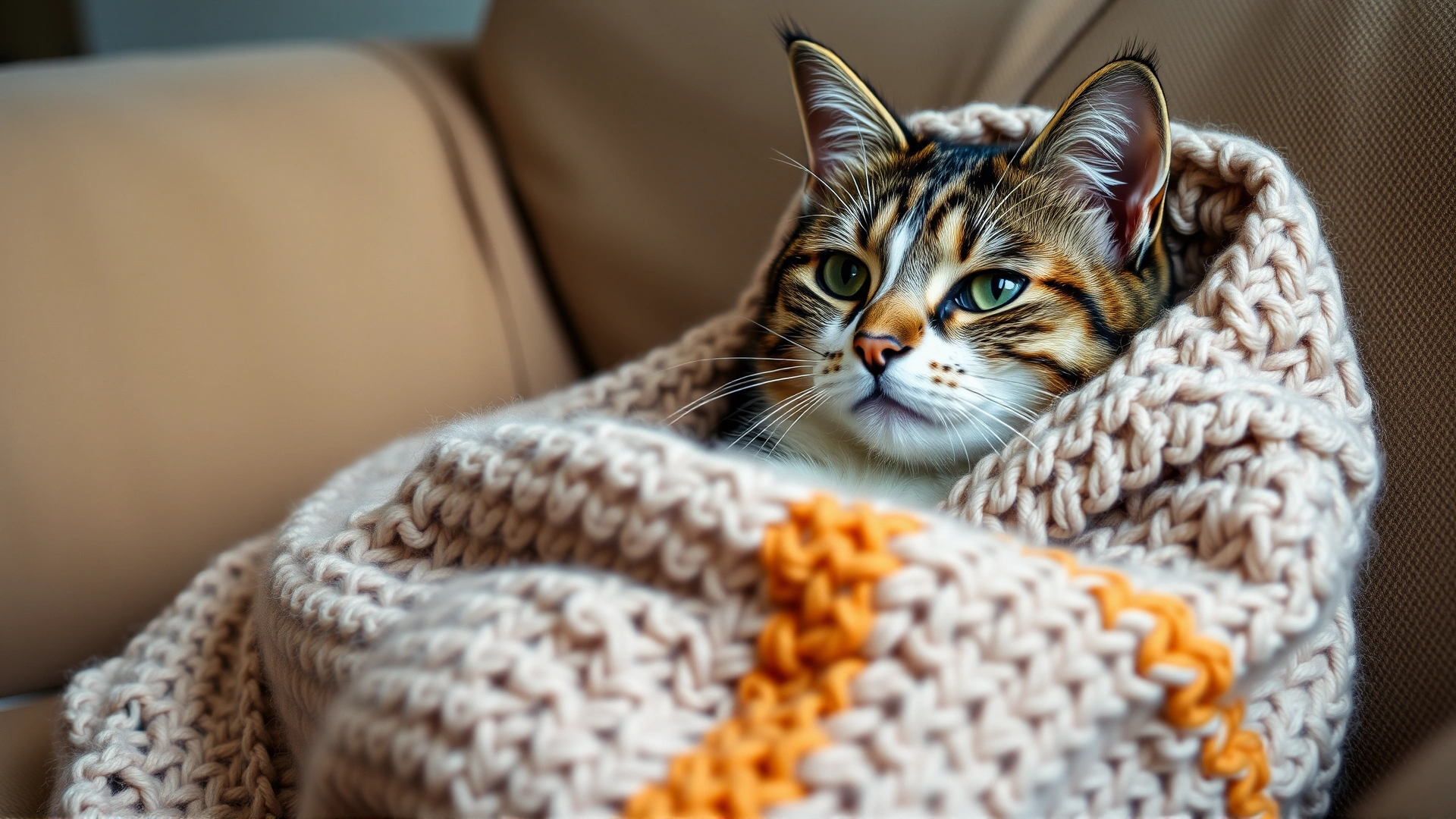 Domestic cat comfortably wrapped in a soft knitted blanket on a couch, symbolizing keeping the cat warm during tremors.