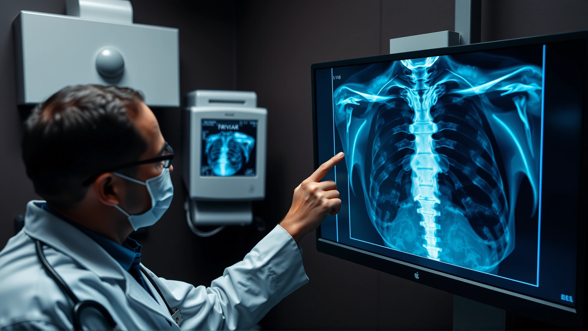 Veterinarian pointing to a digital X-ray of a cat’s thorax on a monitor in a darkened exam room, focus on the screen