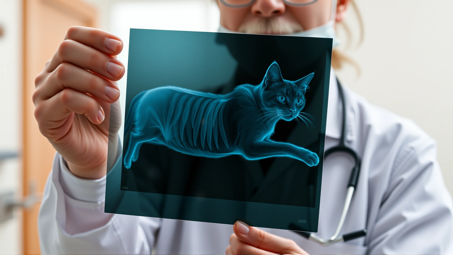 Veterinarian holding a transparent radiograph film of a cat’s chest up to the light, clinic background out of focus.