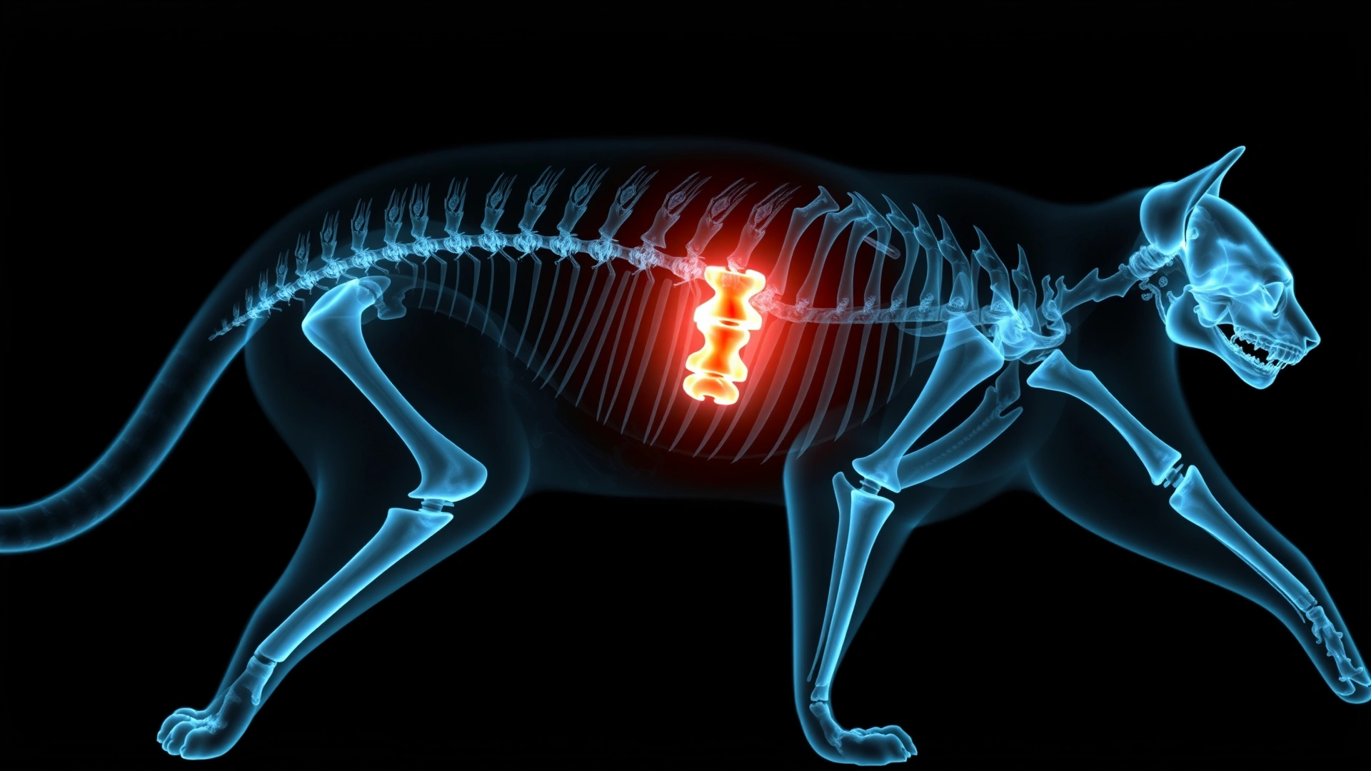 Digital illustration mimicking a veterinary X-ray showing the lateral view of a cat’s spine with a highlighted malformed vertebra.