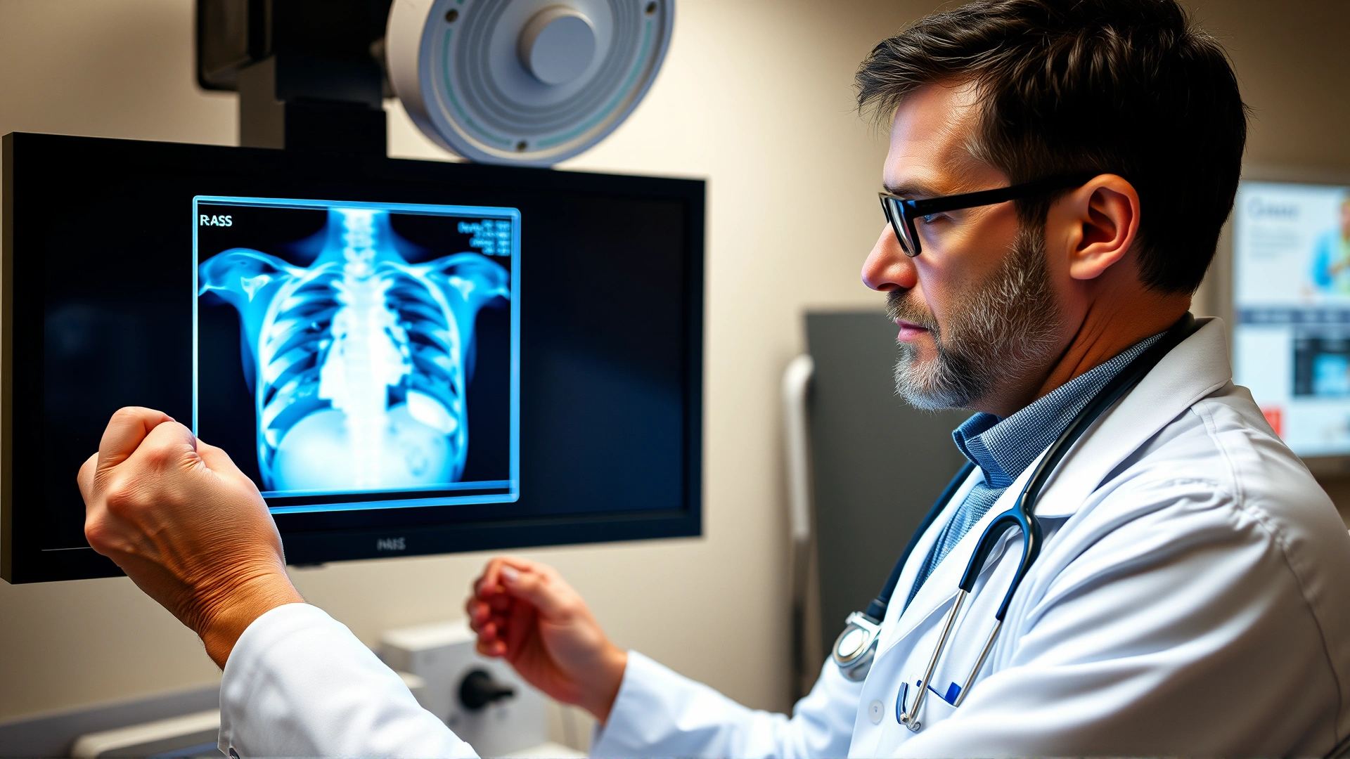 Veterinarian holding up a digital chest X-ray of a cat on a monitor, highlighting the lungs, clinical environment, high resolution