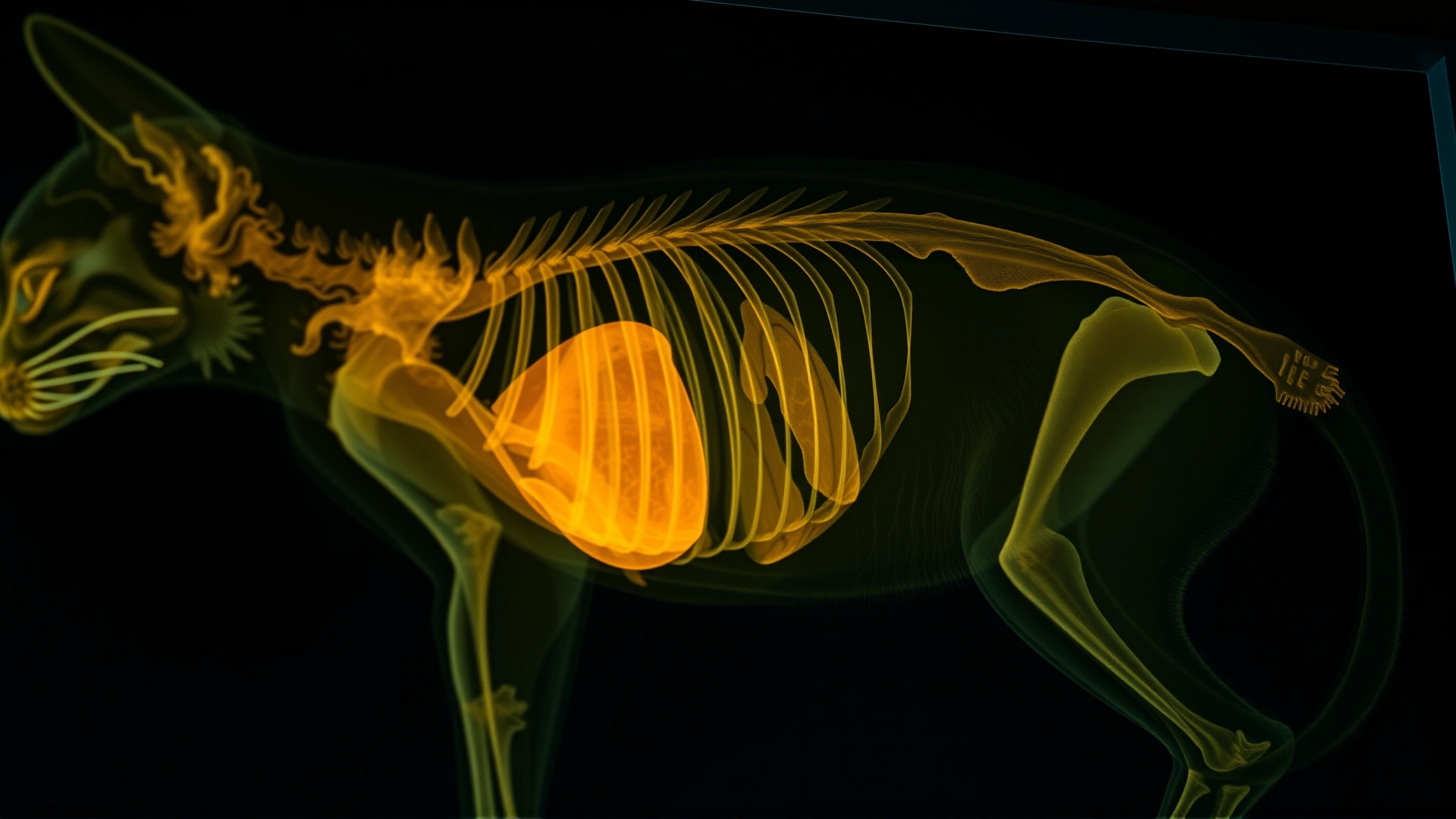 Close-up view of a feline thoracic X-ray film on a lightbox, clearly showing the ribcage and lungs, no markings or text