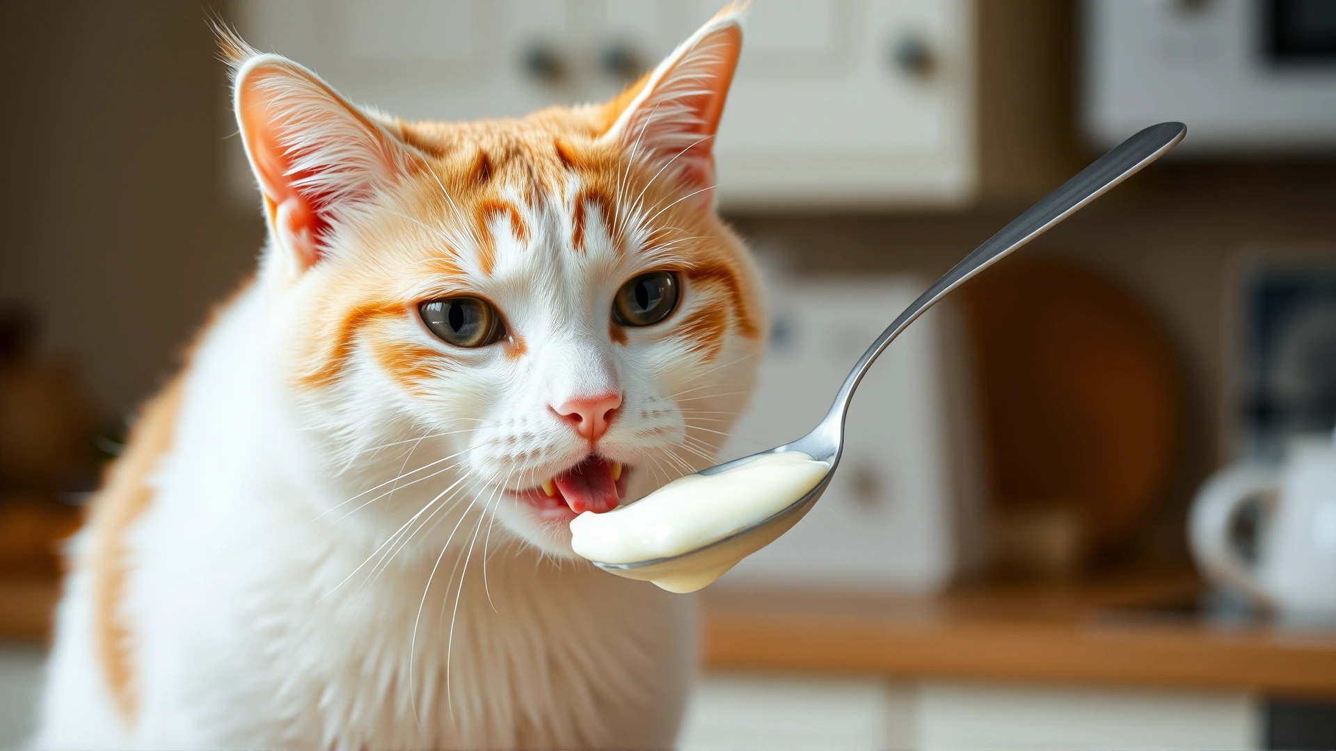 A white and ginger cat licking a spoon of plain yogurt offered by owner, airy kitchen backdrop.