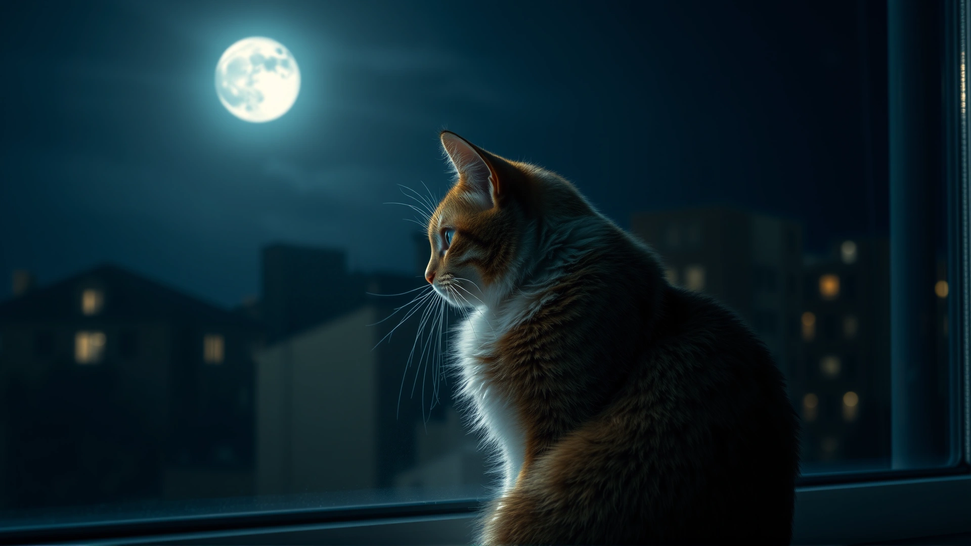 Cat sitting by a night-time window yowling toward the moonlit outdoors, urban backdrop in soft focus.