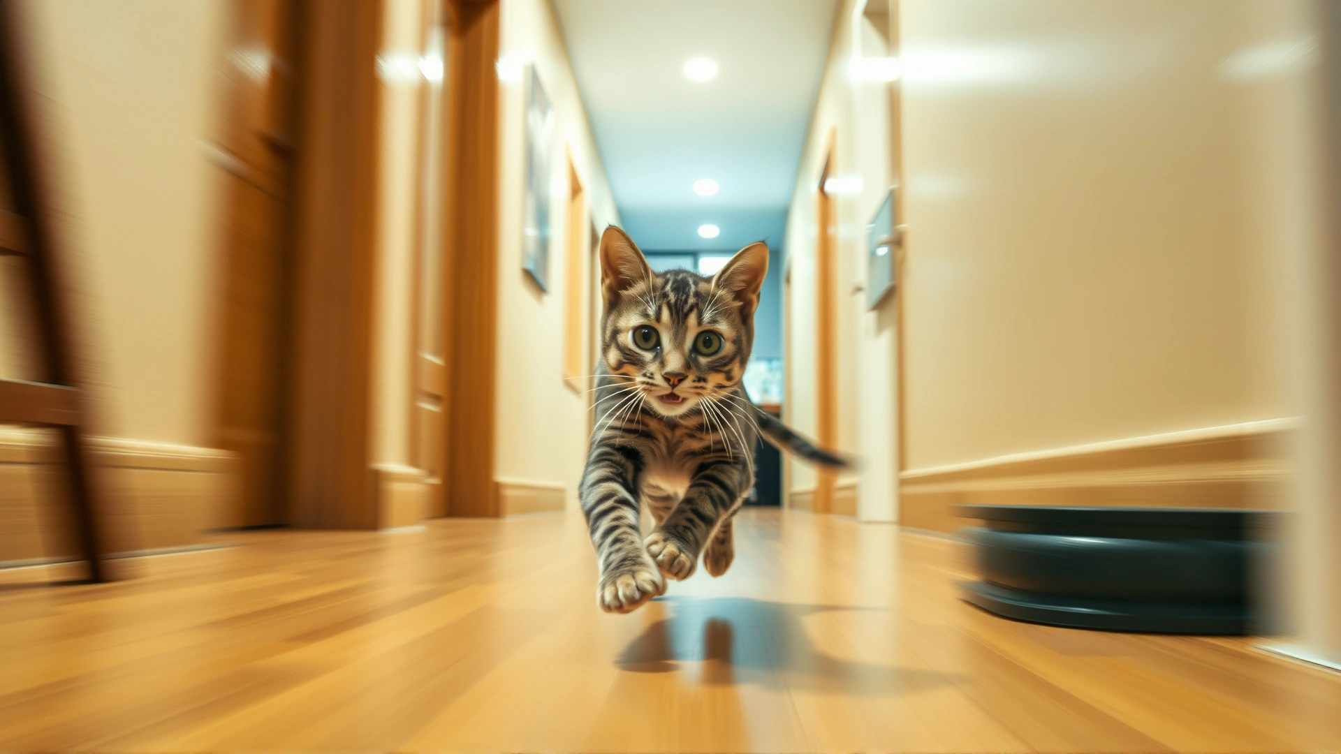 Blurred action shot of a young cat sprinting across a hallway, capturing motion and excitement, indoor setting